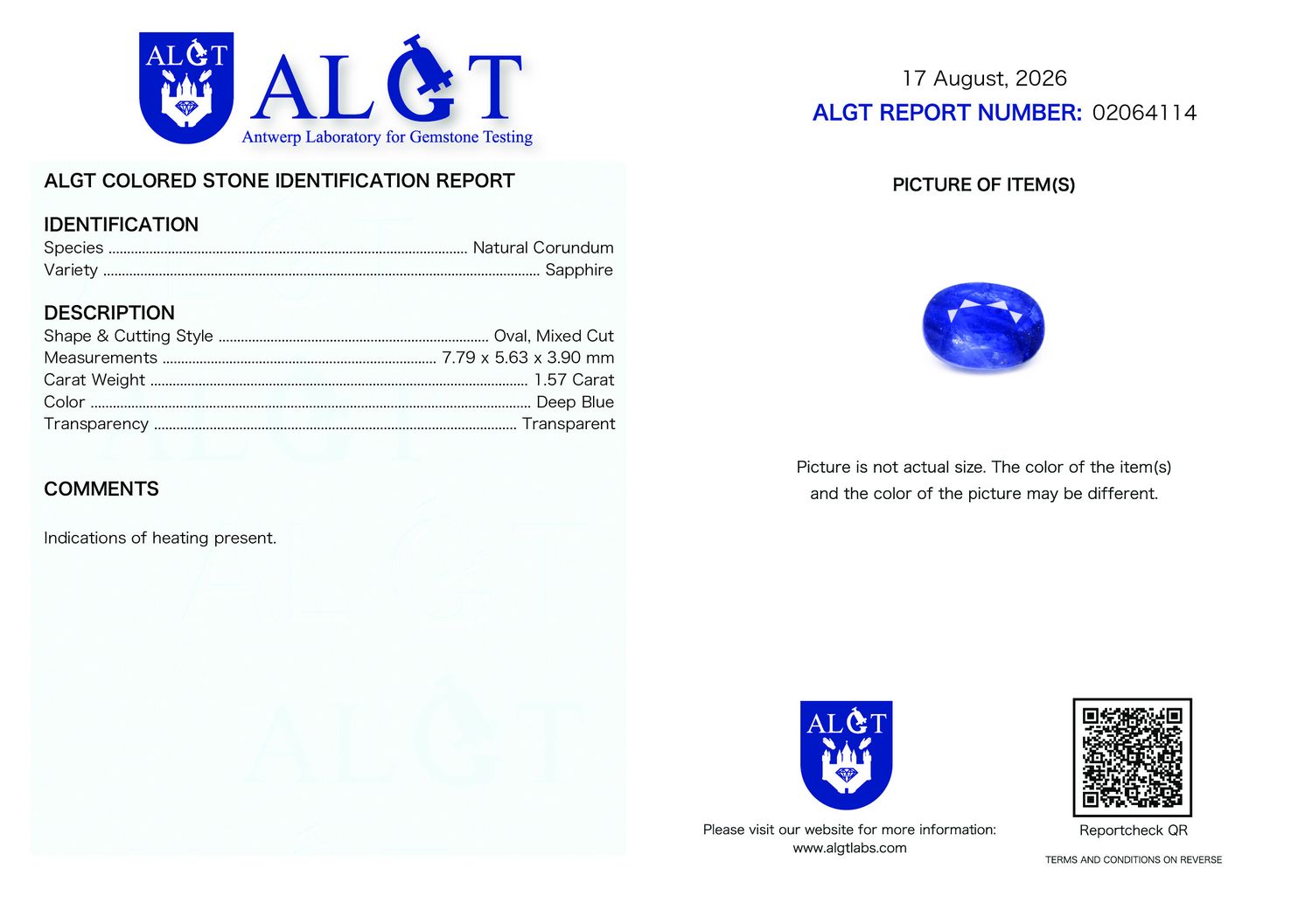 Certificate 1.57CT SAPPHIRE HEATED
