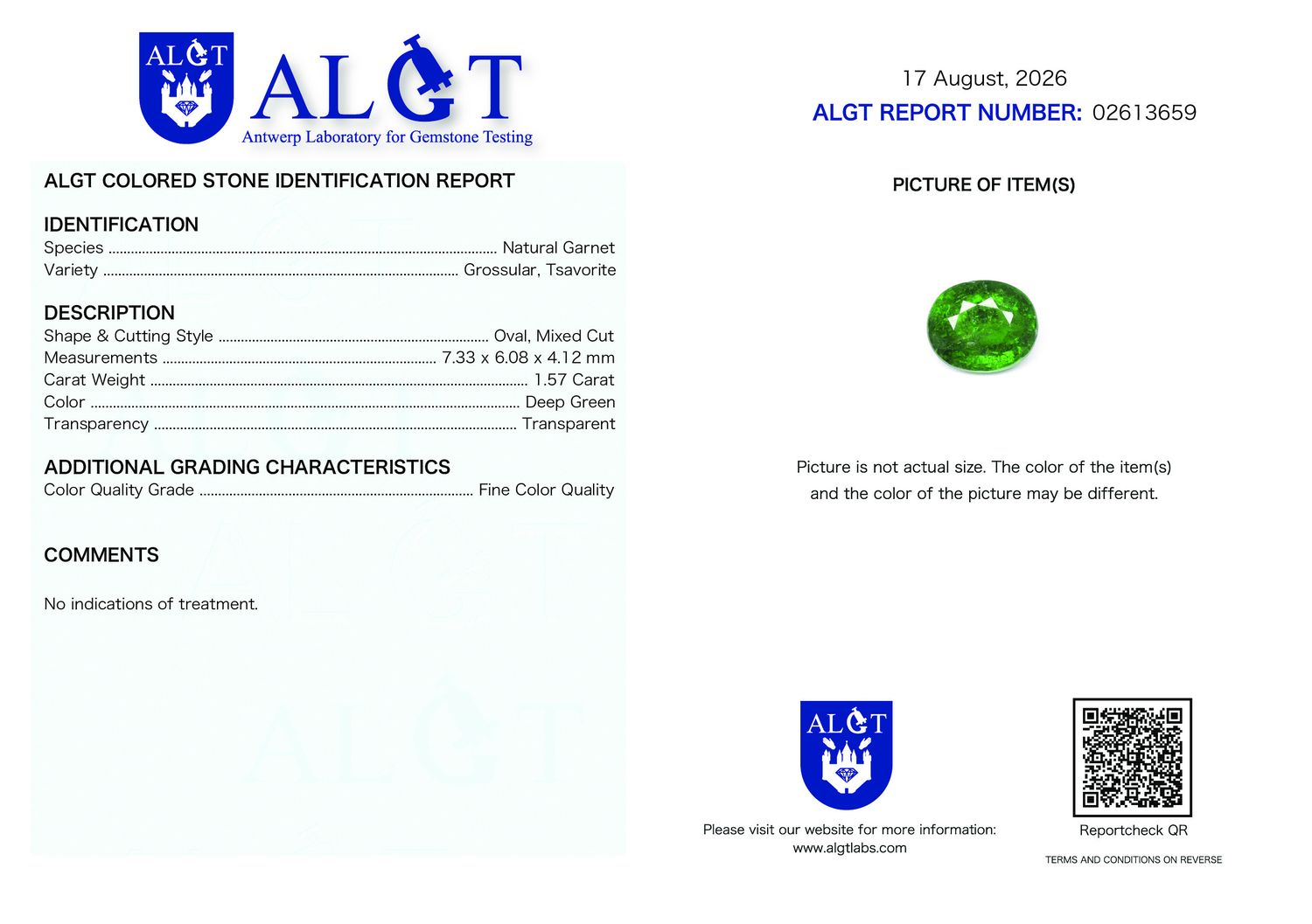 Certificate 1.57CT GARNET UNHEATED