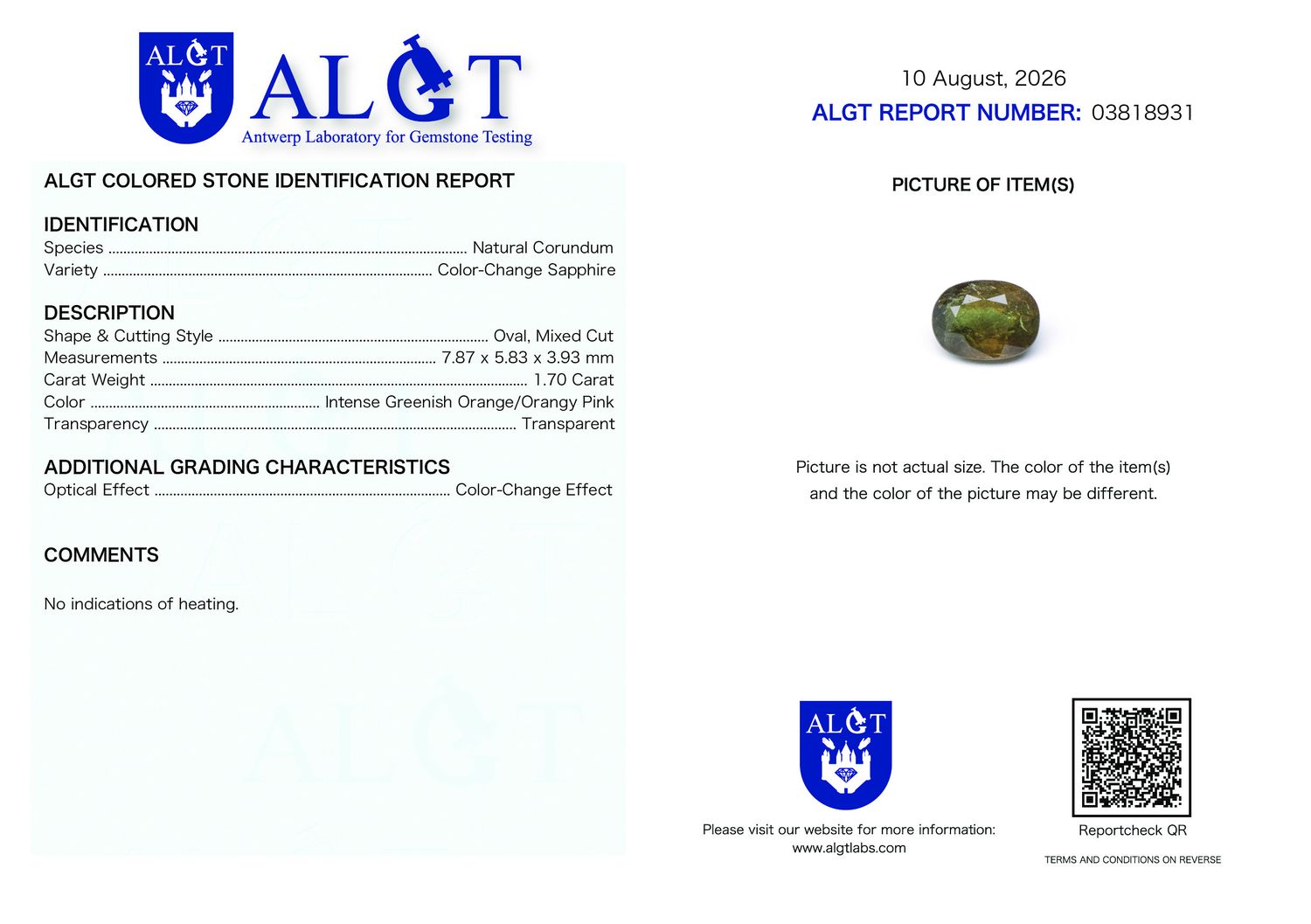 Certificate 1.70CT SAPPHIRE UNHEATED COLOR CHANGE