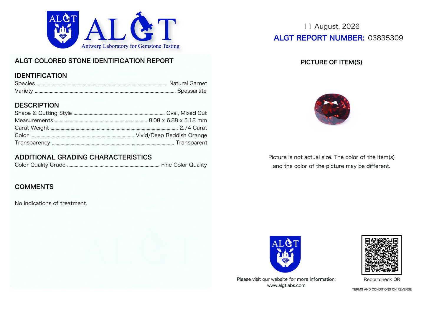 Certificate 2.74CT GARNET UNHEATED