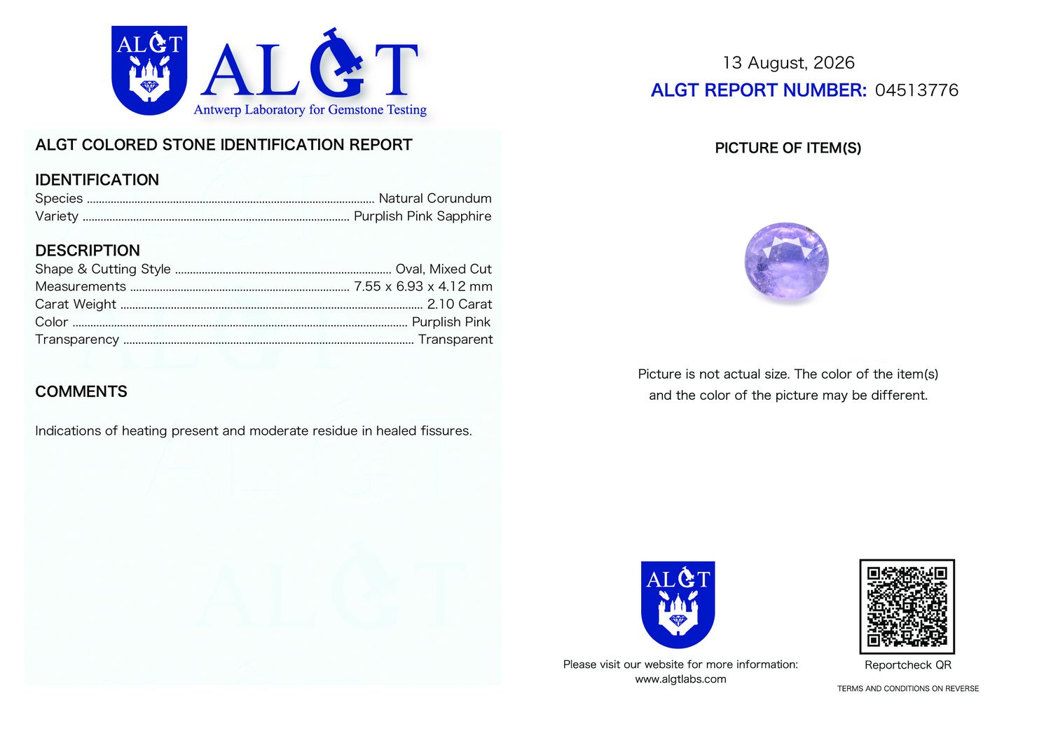Certificate 2.10CT SAPPHIRE HEATED