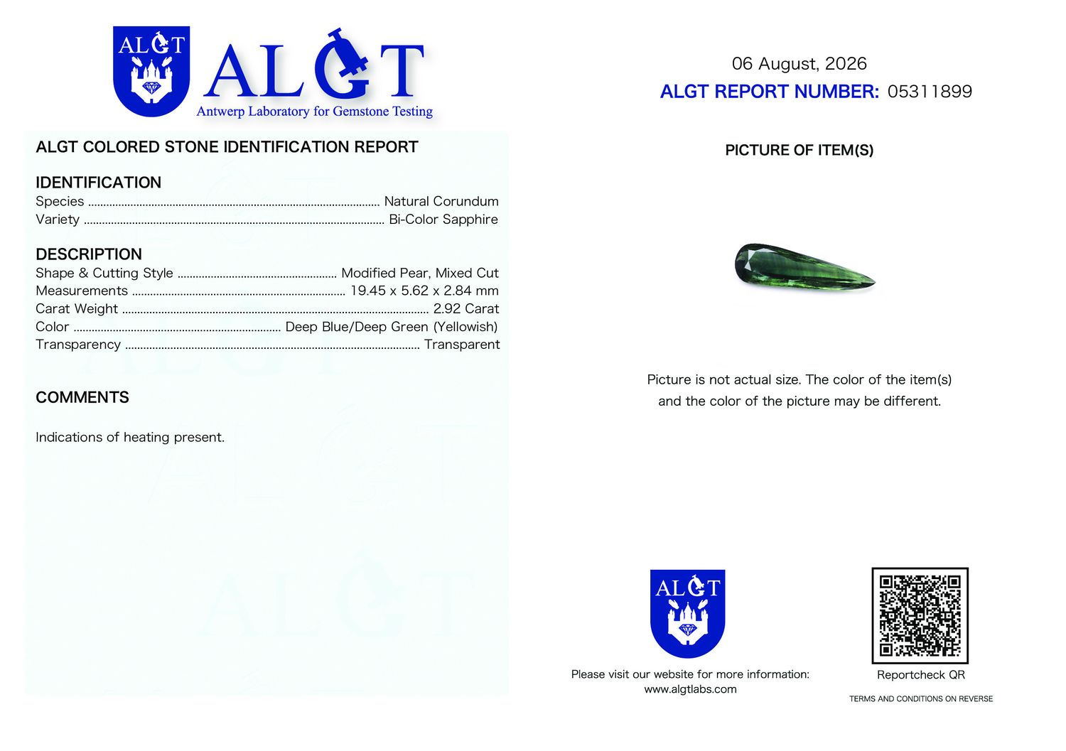 Certificate 2.92CT SAPPHIRE HEATED