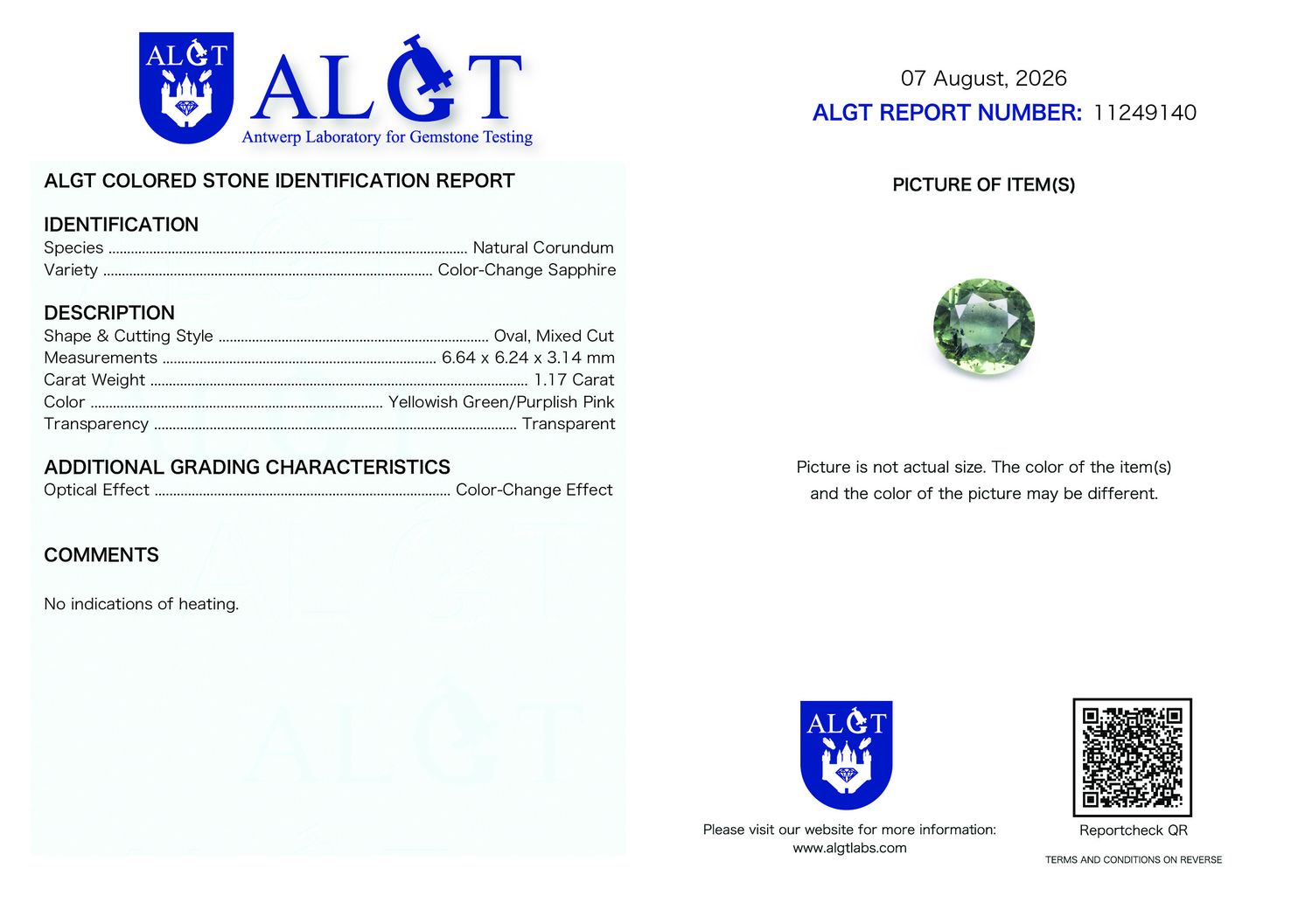 Certificate 1.17CT SAPPHIRE UNHEATED COLOR CHANGE