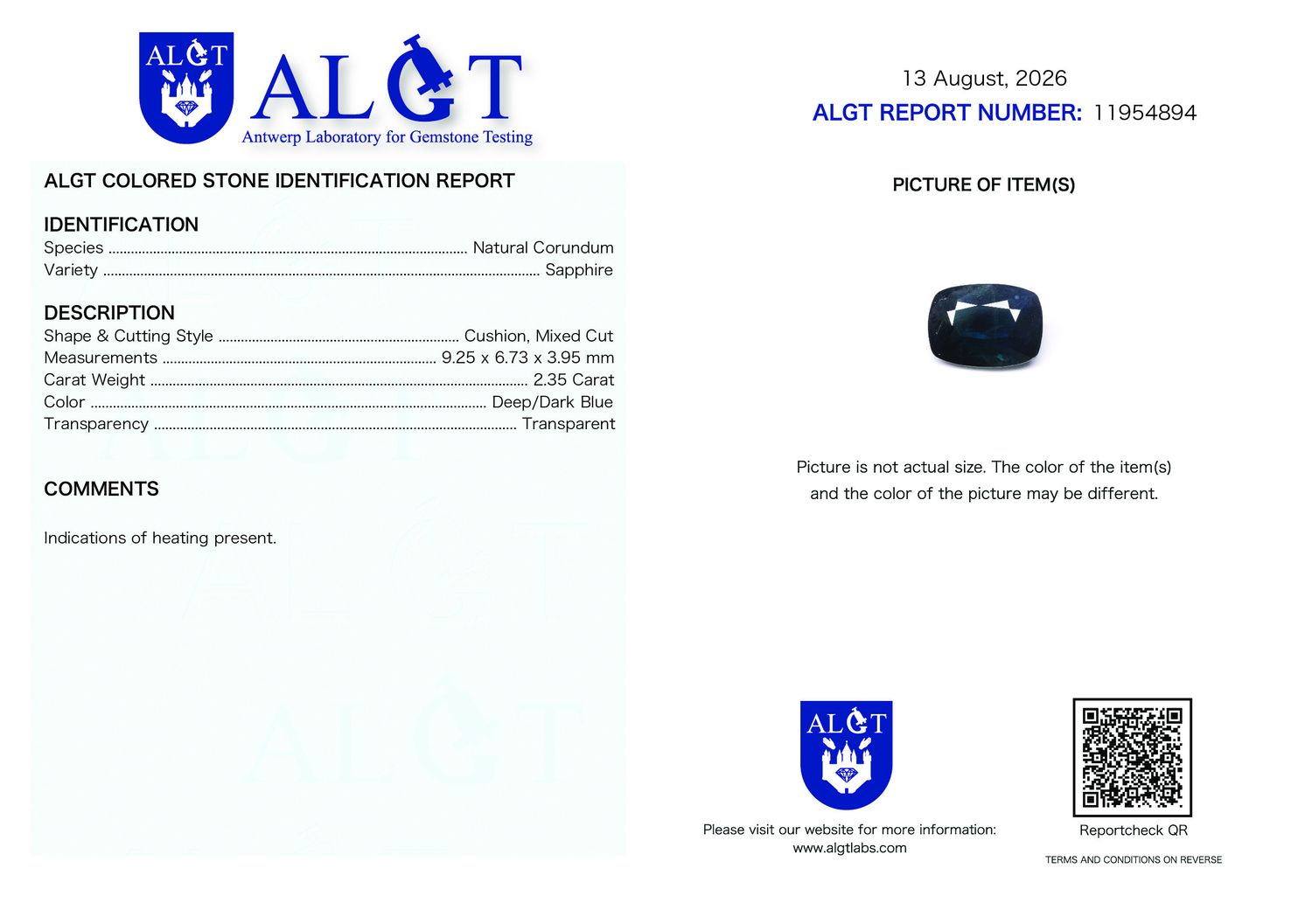Certificate 2.35CT SAPPHIRE HEATED
