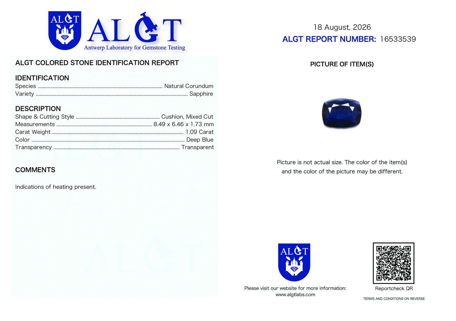 Certificate 1.09CT SAPPHIRE HEATED