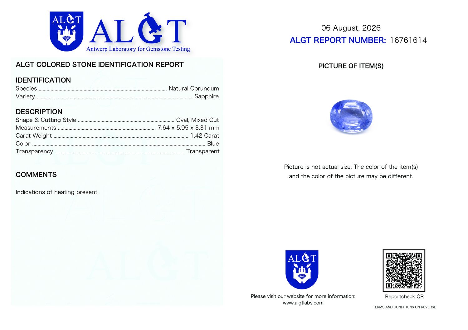 Certificate 1.42CT SAPPHIRE HEATED