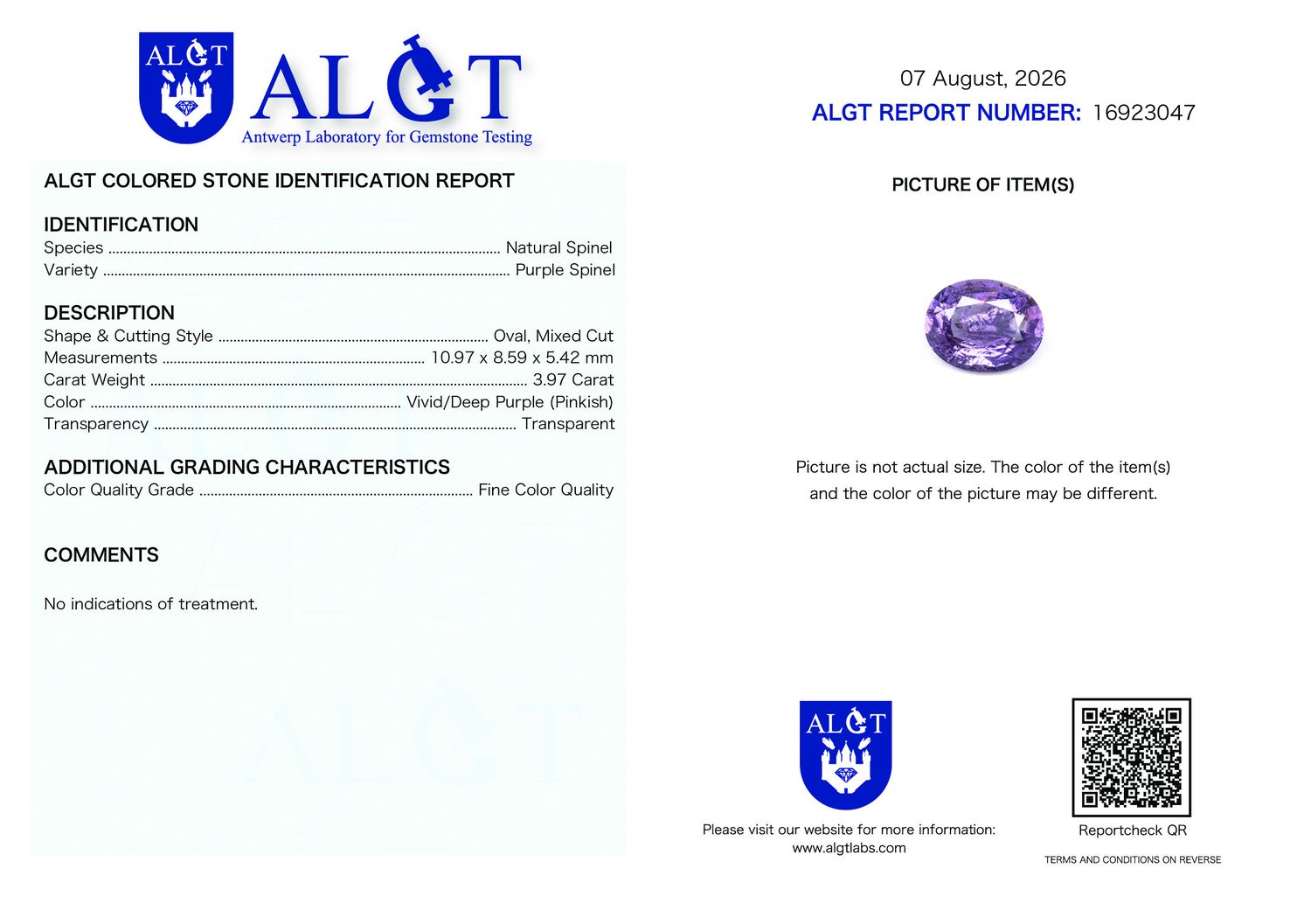 Certificate 3.97CT SPINEL UNHEATED