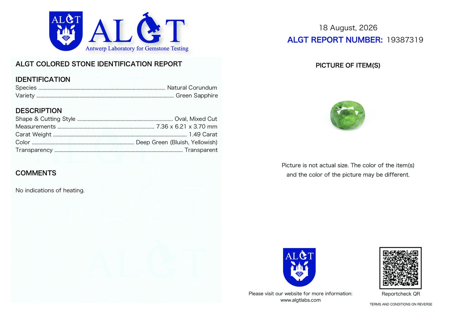 Certificate 1.49CT SAPPHIRE UNHEATED
