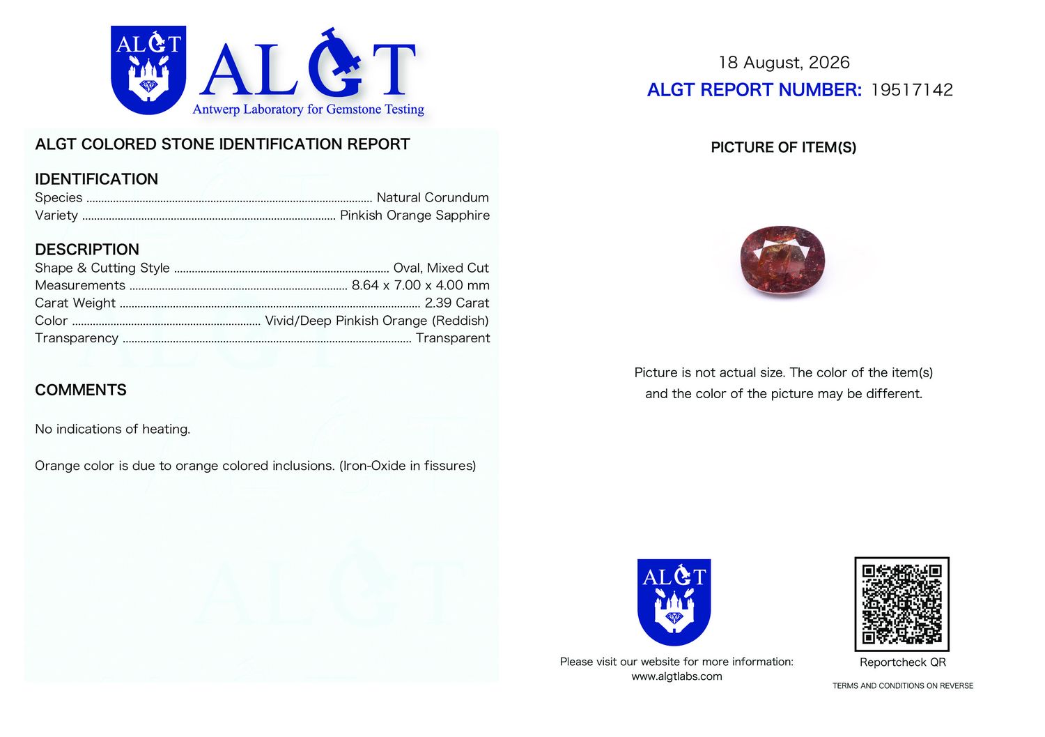 Certificate 2.39CT SAPPHIRE UNHEATED