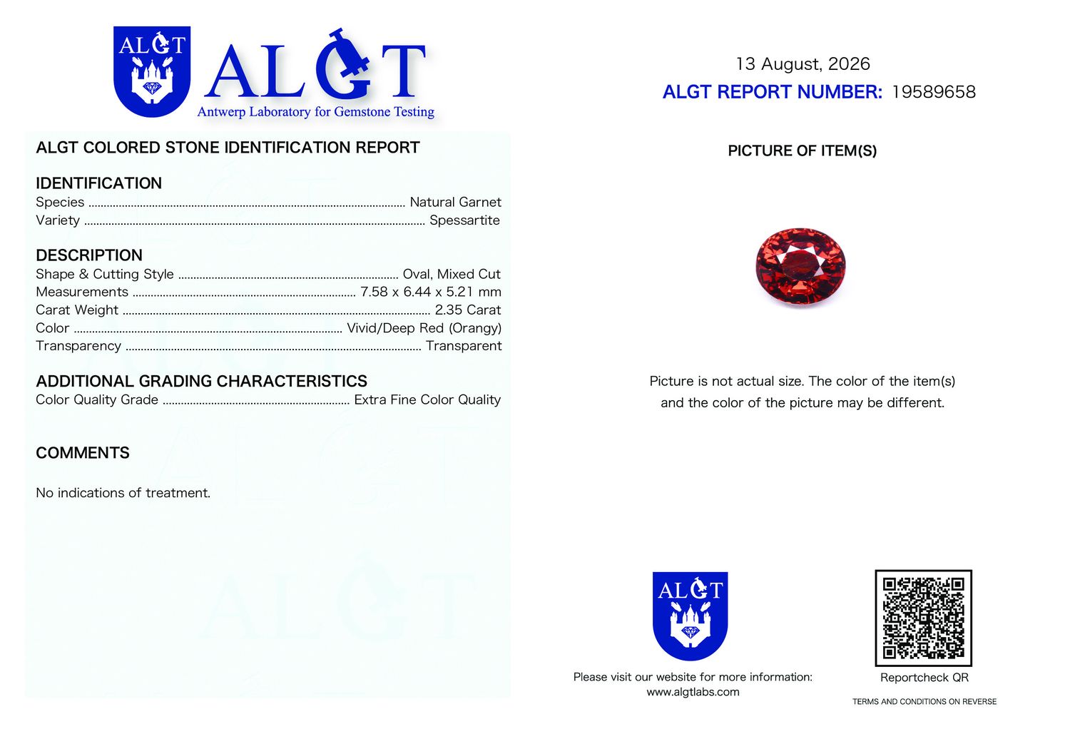 Certificate 2.35CT GARNET UNHEATED