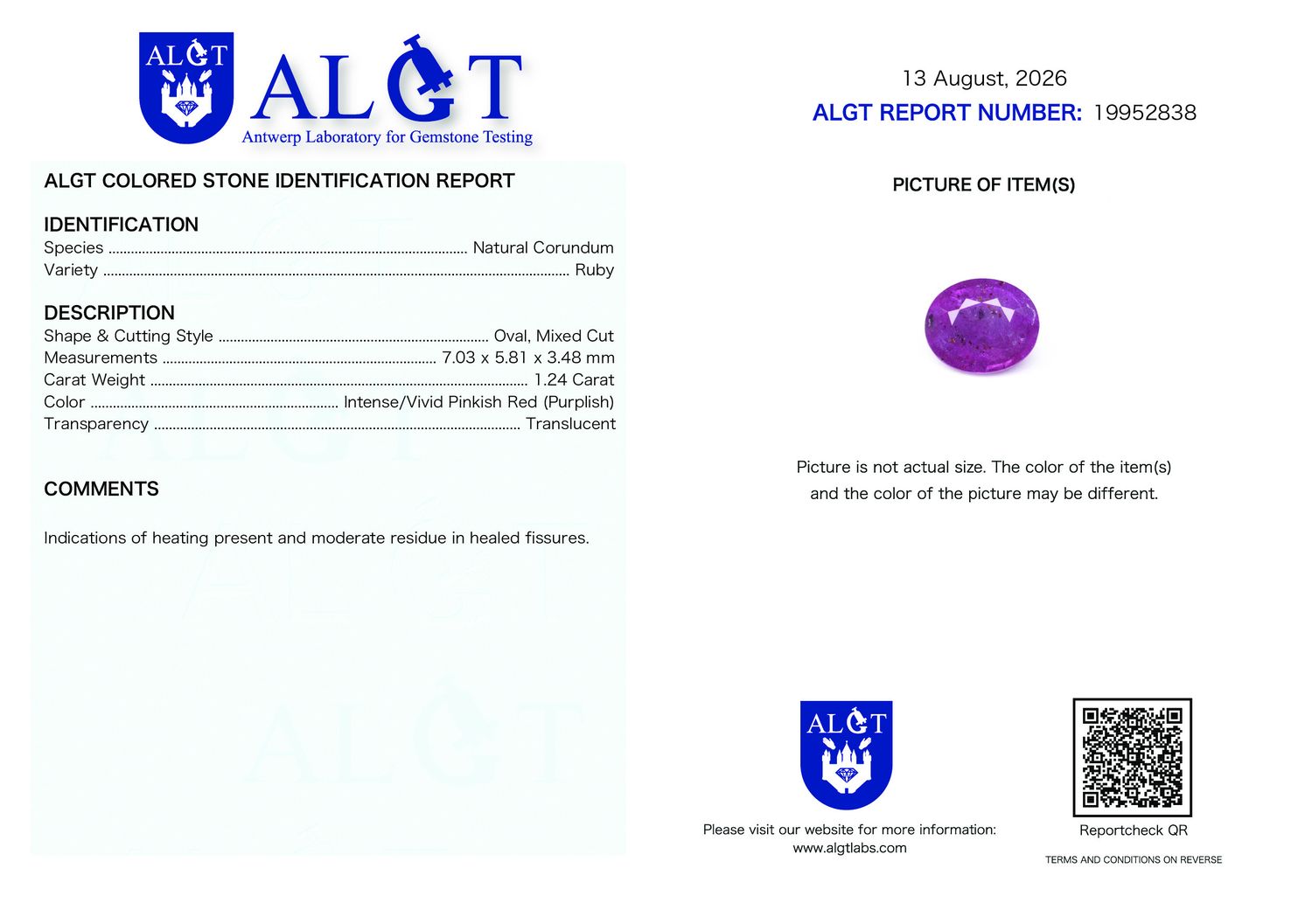 Certificate 1.24CT RUBY HEATED