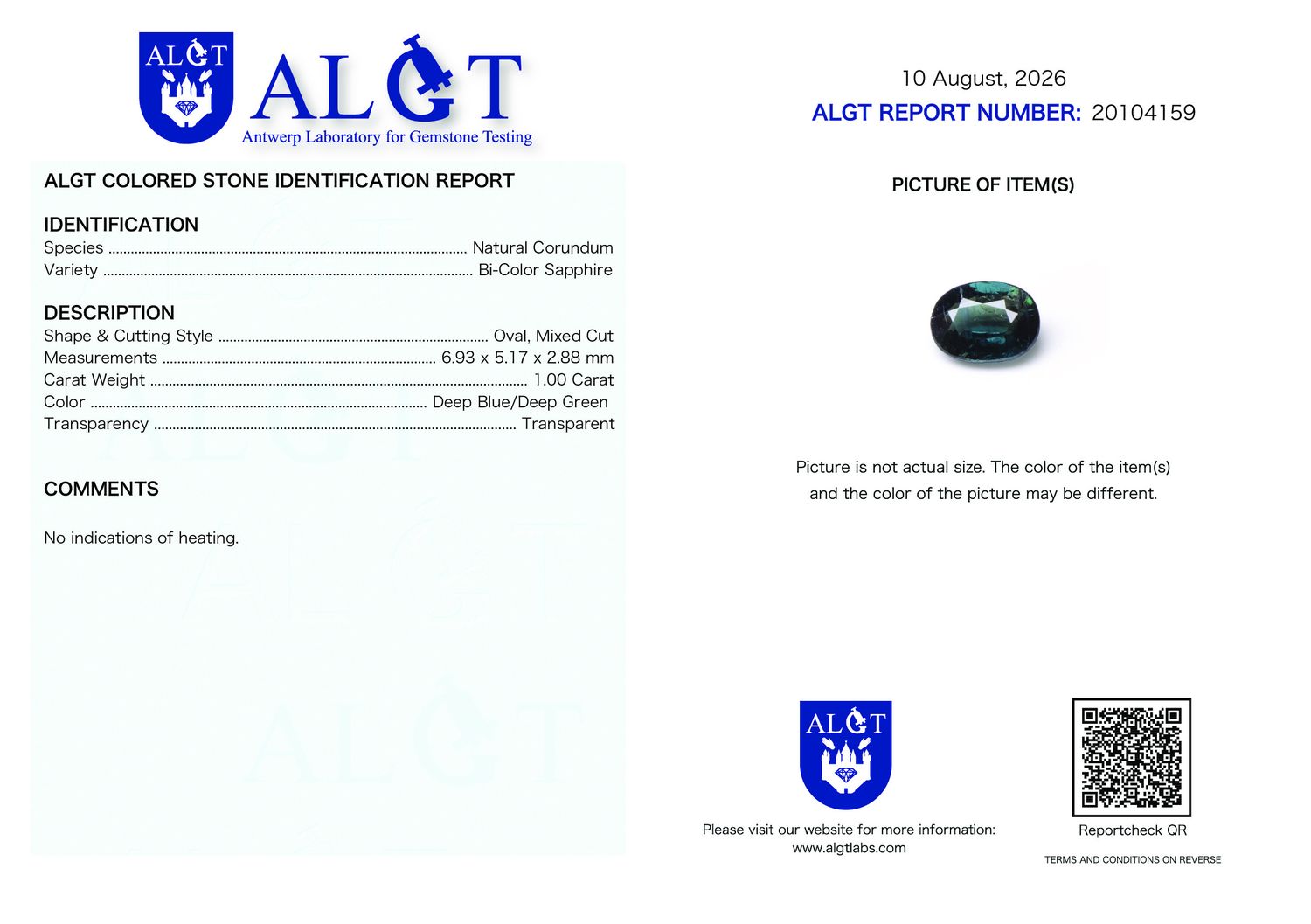 Certificate 1.00CT SAPPHIRE UNHEATED