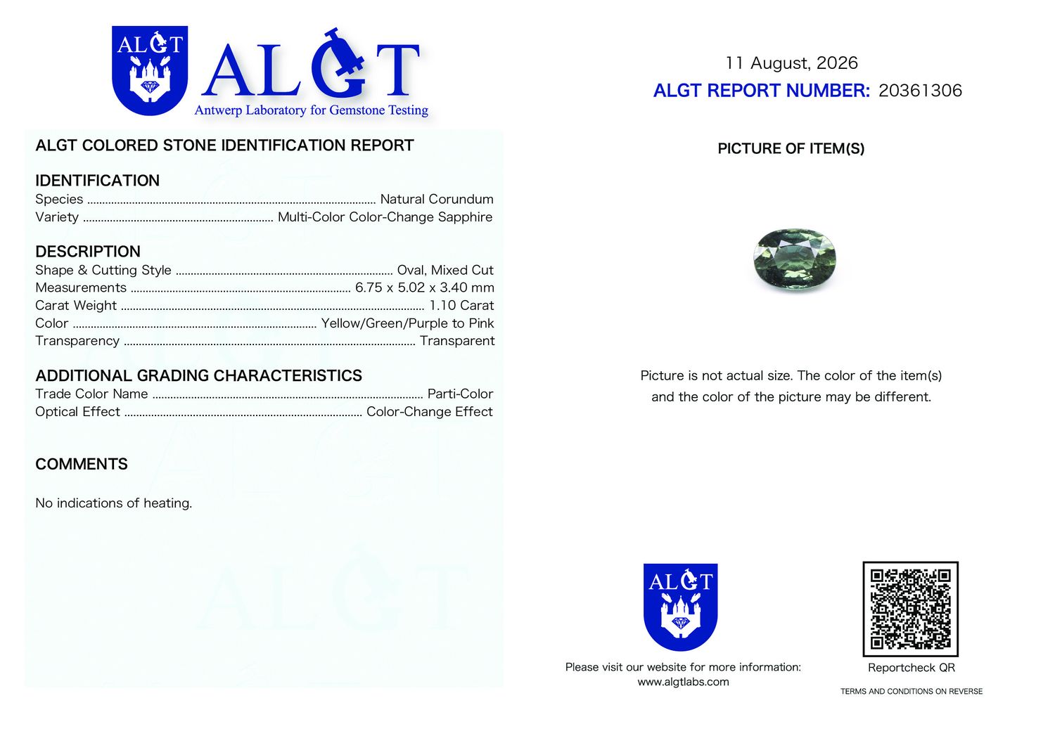 Certificate 1.10CT SAPPHIRE UNHEATED COLOR CHANGE
