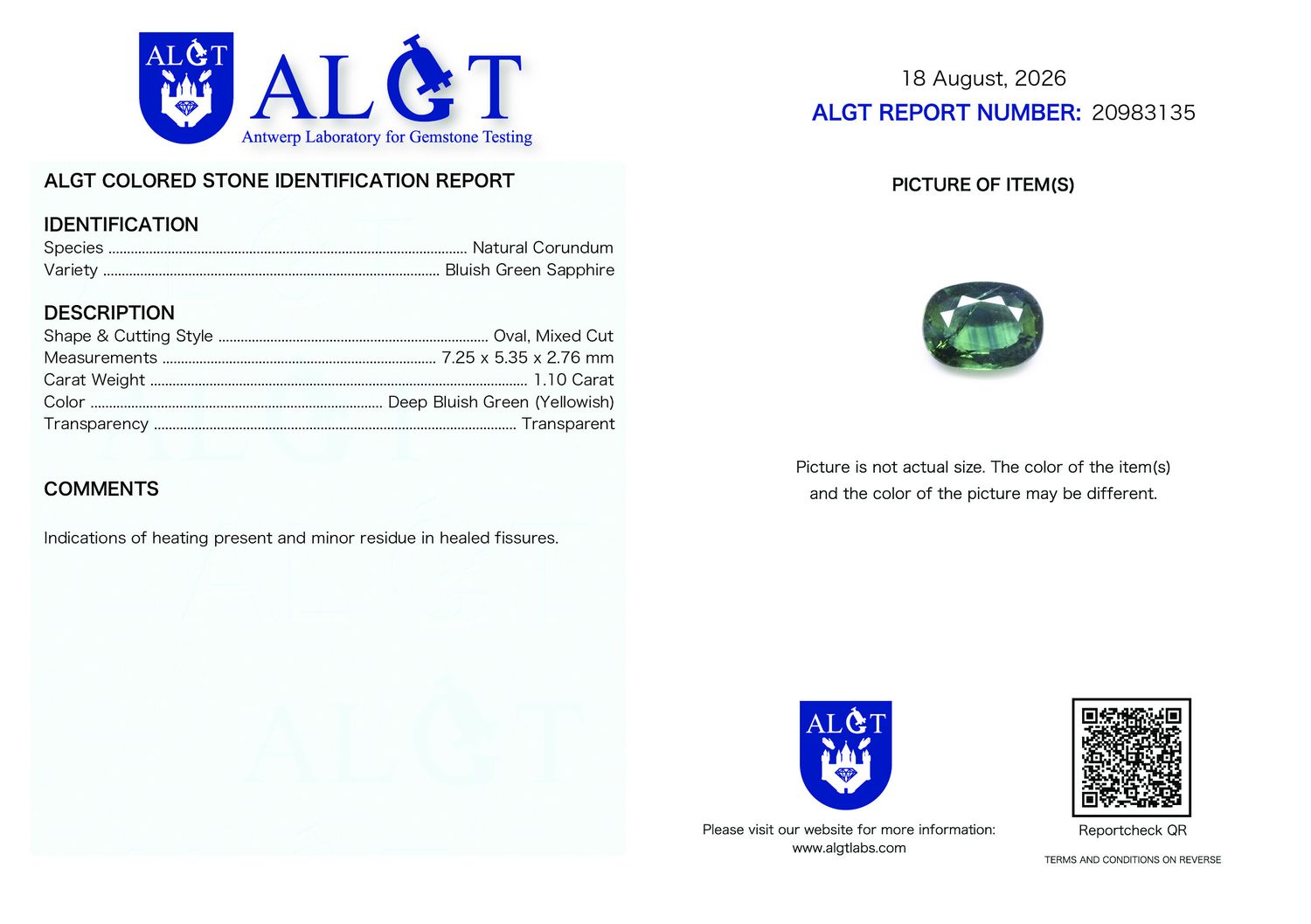 Certificate 1.10CT SAPPHIRE HEATED