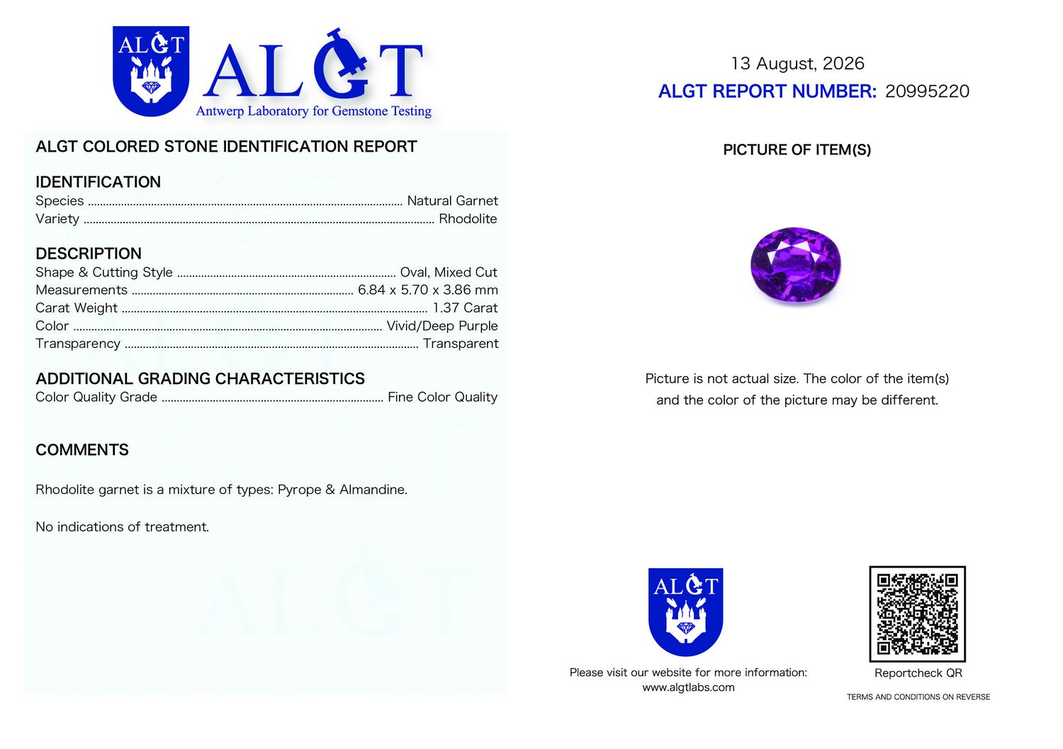 Certificate 1.37CT GARNET UNHEATED
