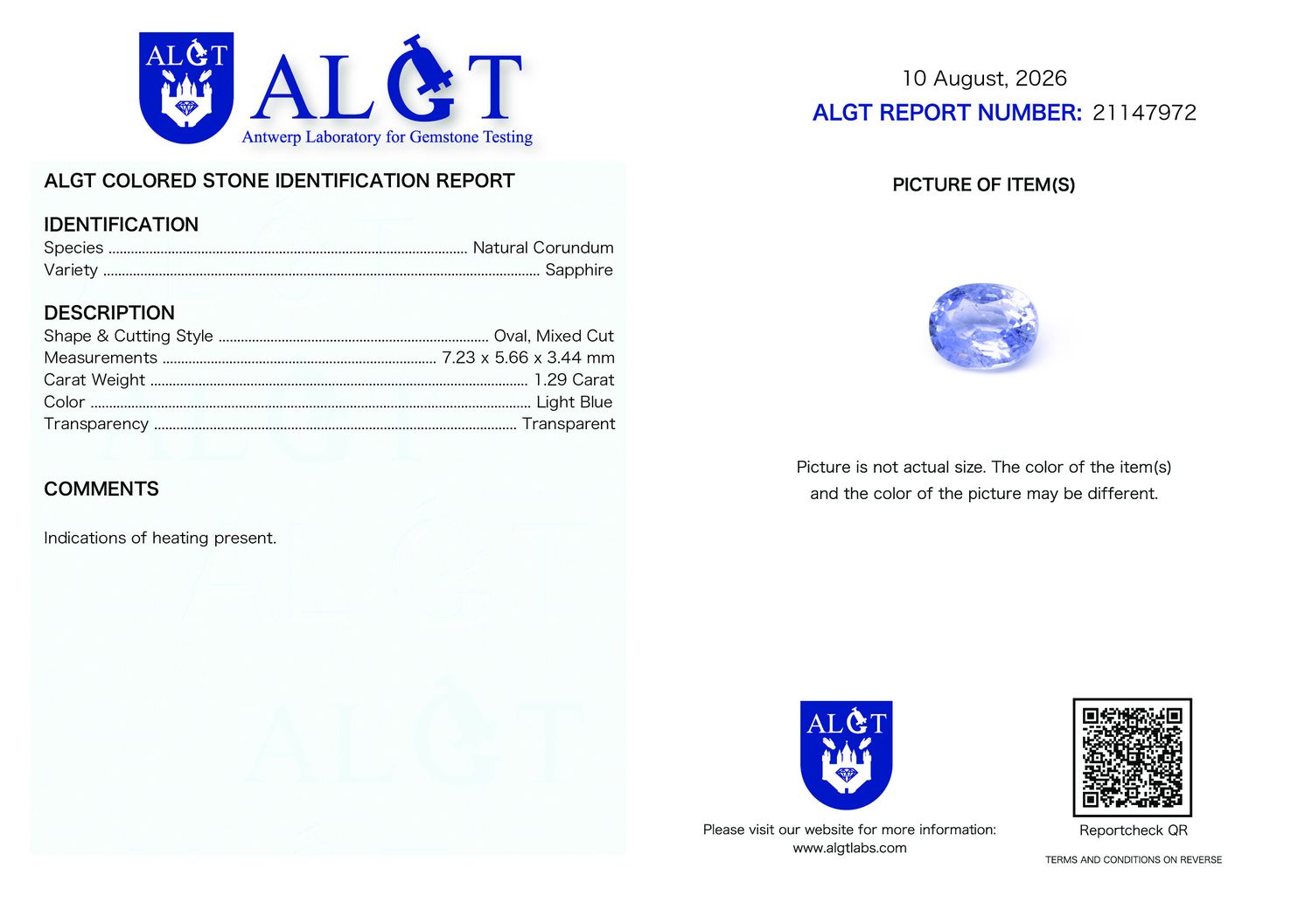 Certificate 1.29CT SAPPHIRE HEATED