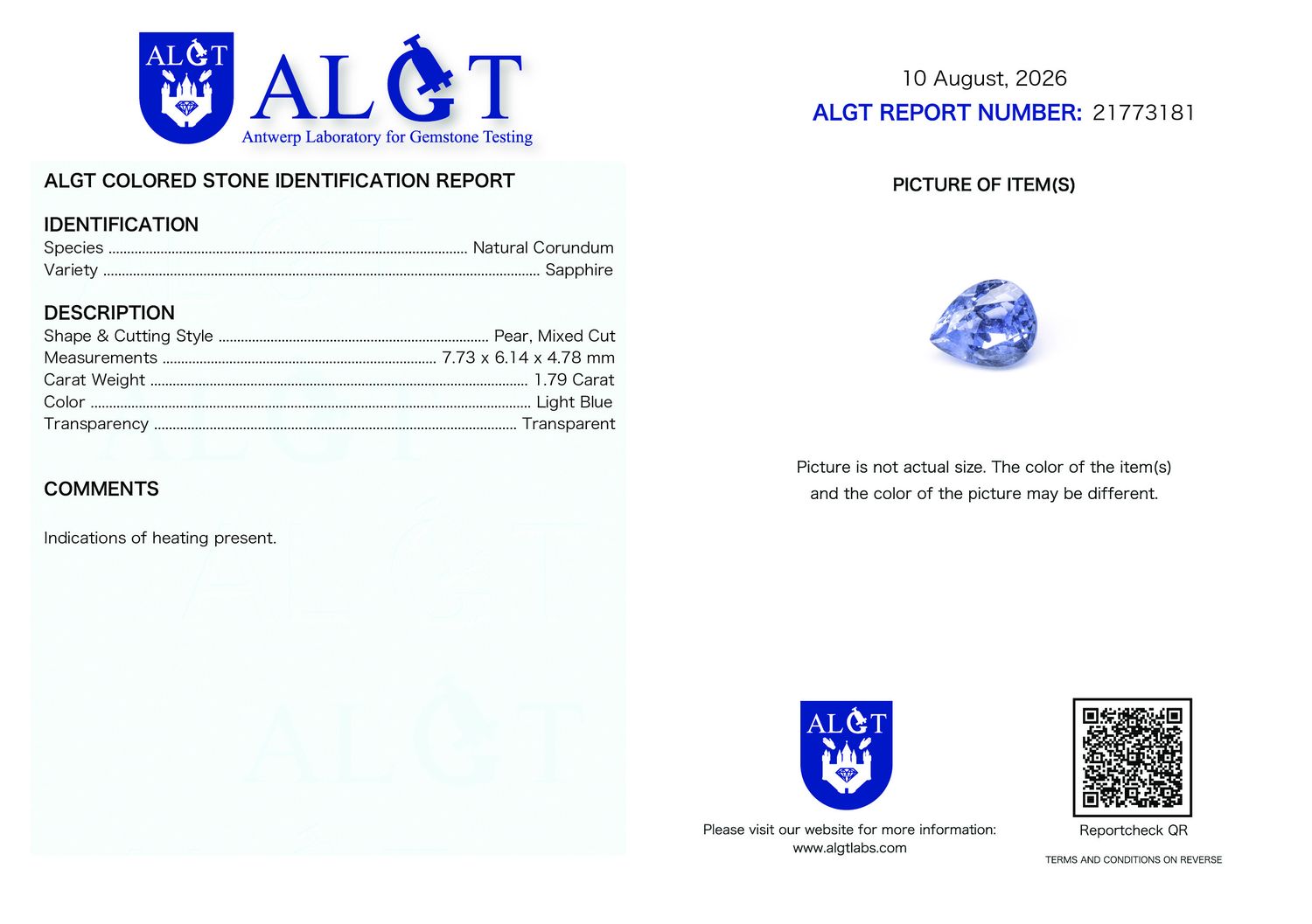 Certificate 1.79CT SAPPHIRE HEATED