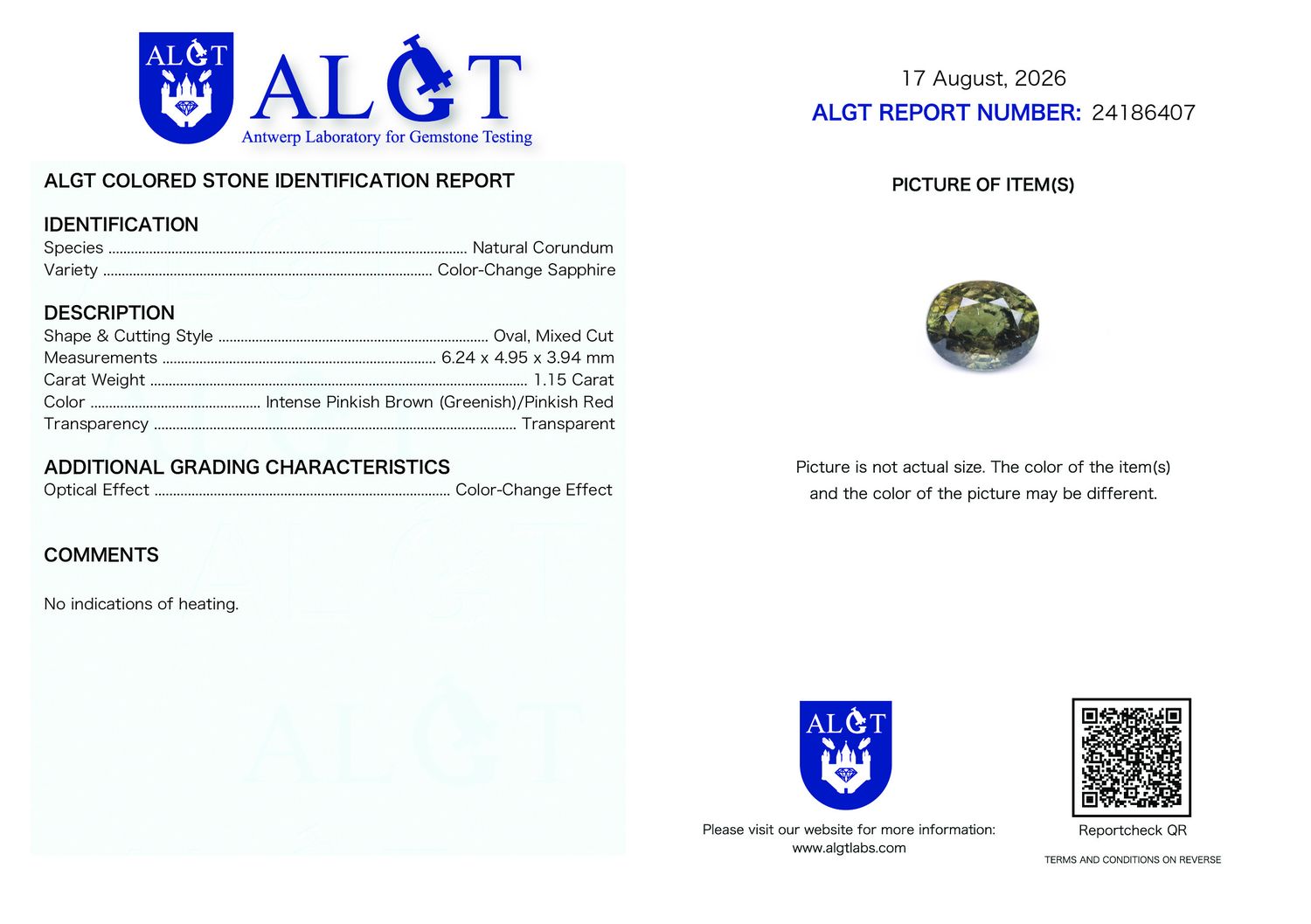 Certificate 1.15CT SAPPHIRE UNHEATED COLOR CHANGE