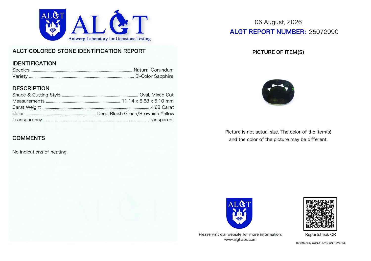 Certificate 4.68CT SAPPHIRE UNHEATED