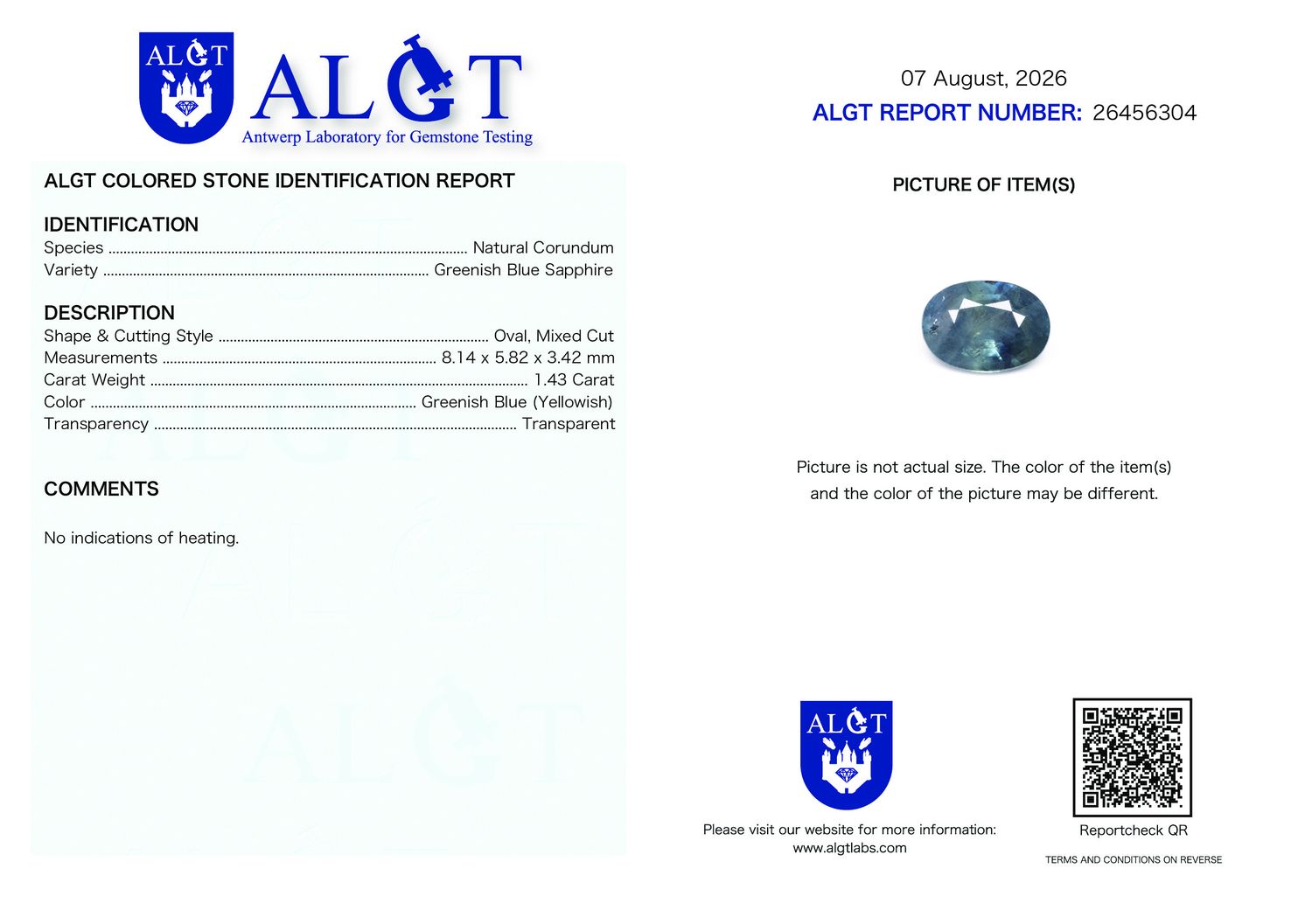 Certificate 1.43CT SAPPHIRE UNHEATED