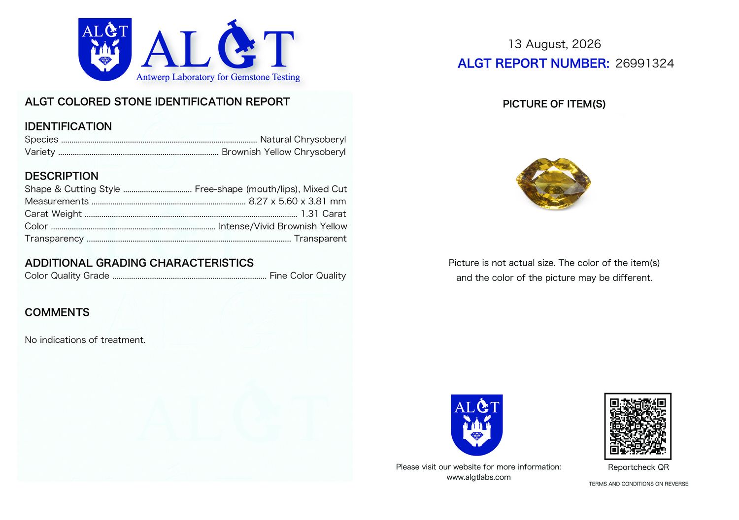 Certificate 1.31CT CHRYSOBERYL UNHEATED