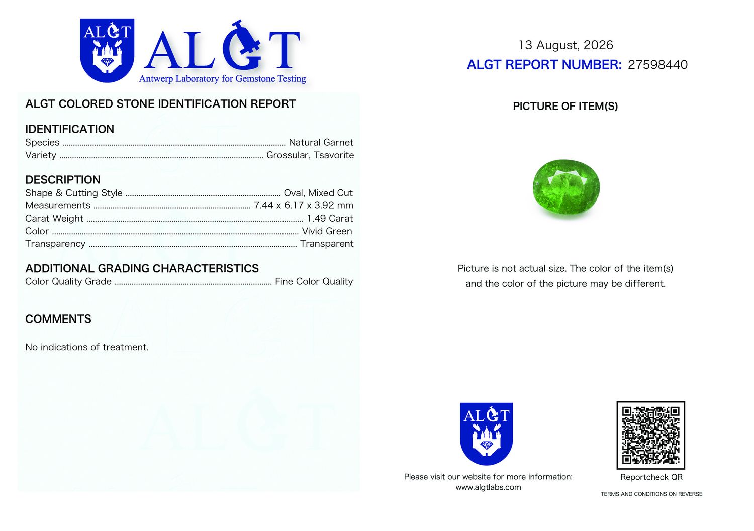 Certificate 1.49CT GARNET UNHEATED