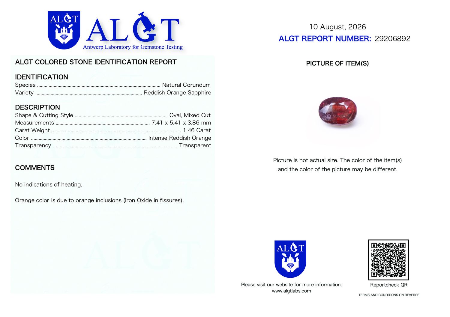 Certificate 1.46CT SAPPHIRE UNHEATED
