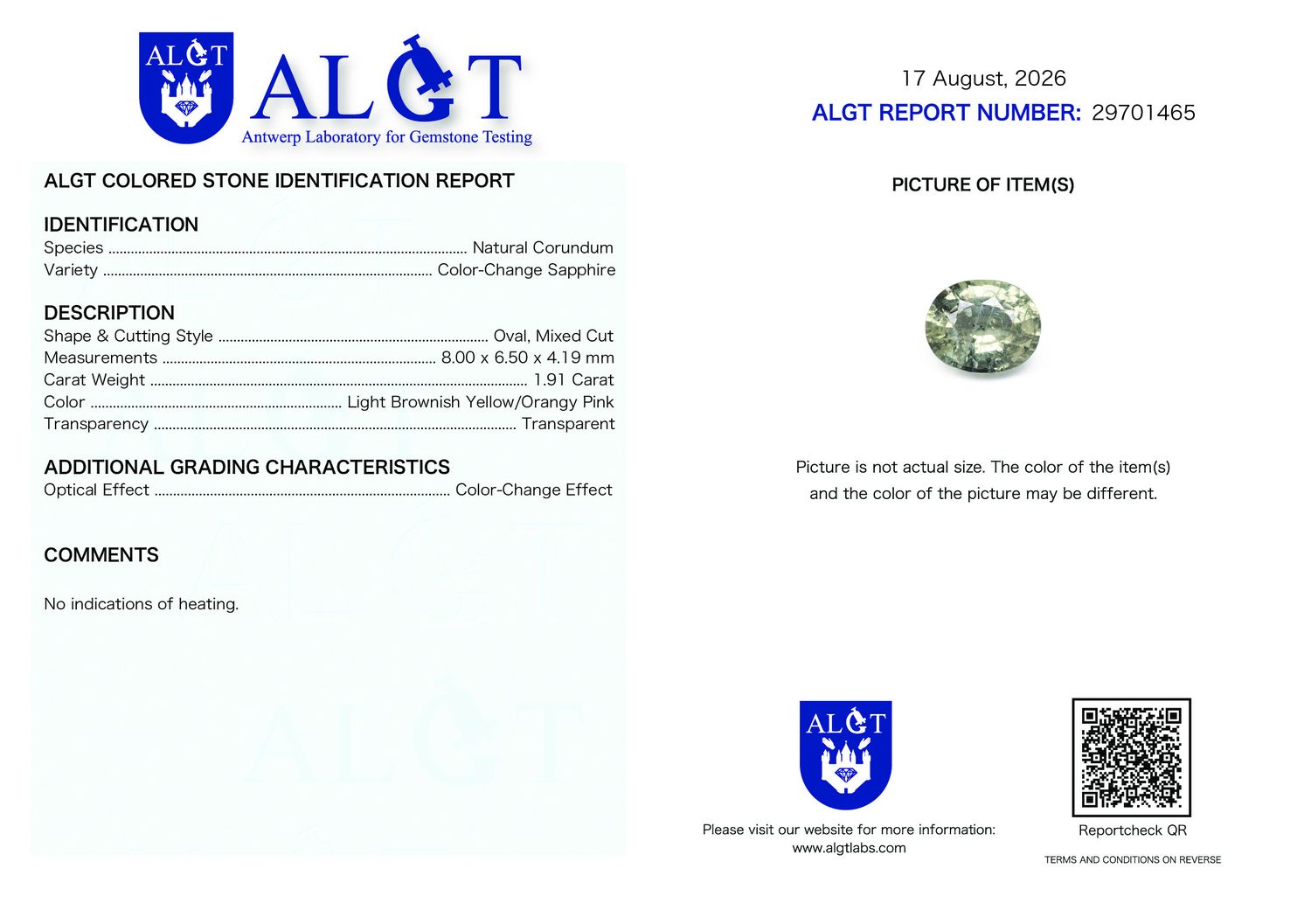 Certificate 1.91CT SAPPHIRE UNHEATED COLOR CHANGE