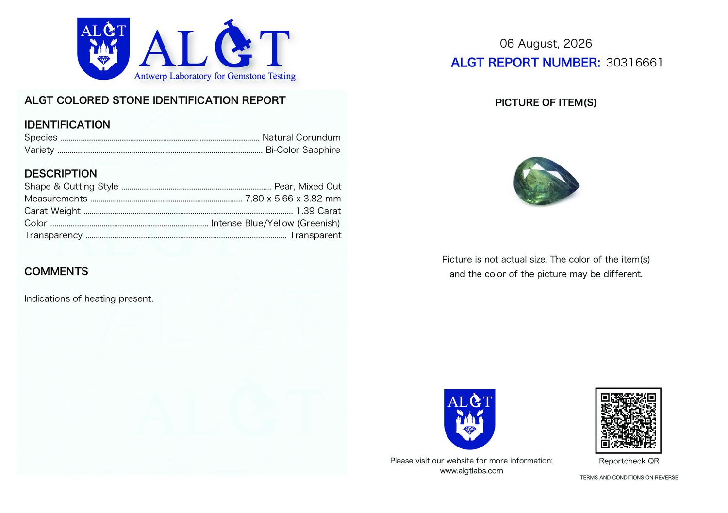 Certificate 1.39CT SAPPHIRE HEATED
