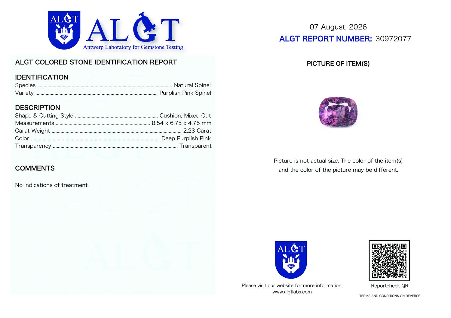 Certificate 2.23CT SPINEL UNHEATED