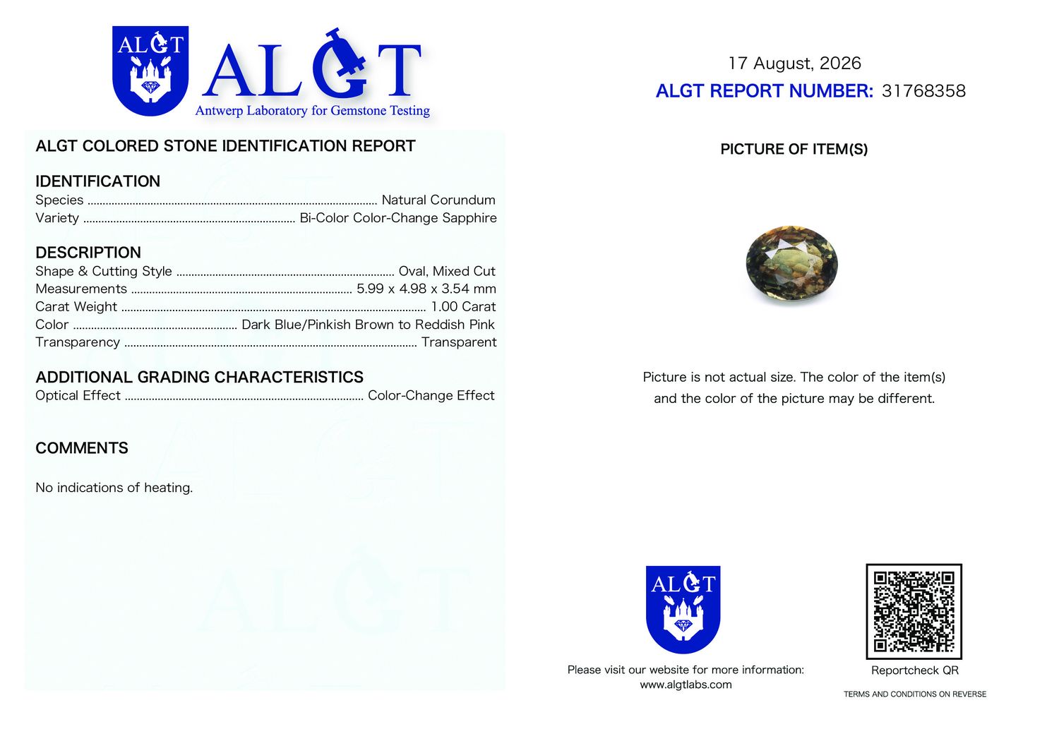 Certificate 1.00CT SAPPHIRE UNHEATED COLOR CHANGE