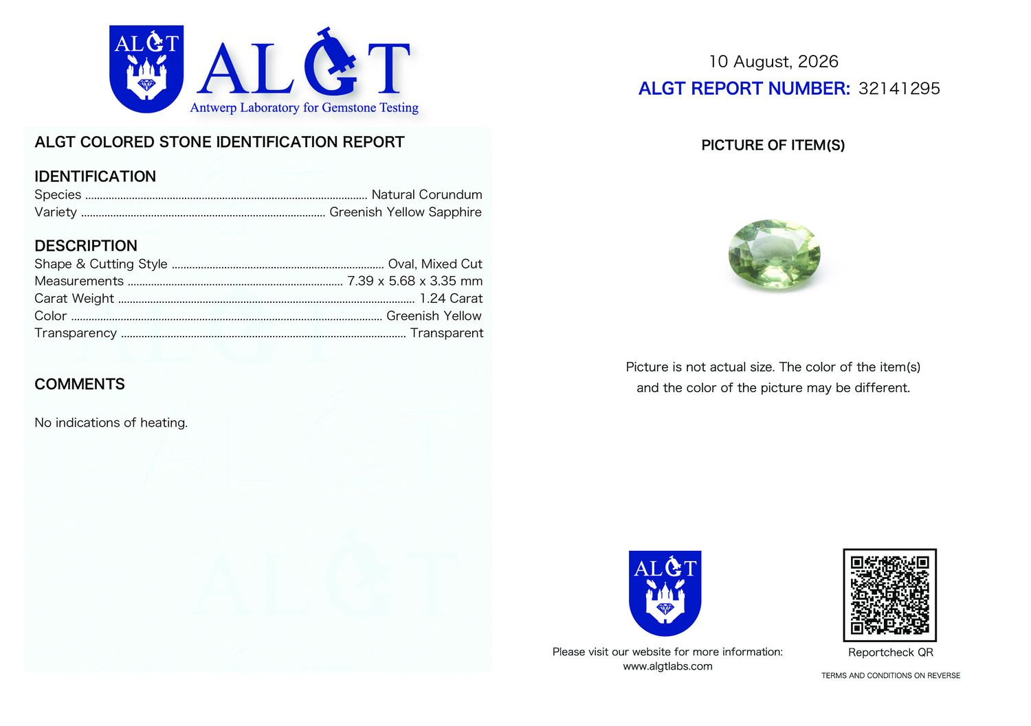 Certificate 1.24CT SAPPHIRE UNHEATED