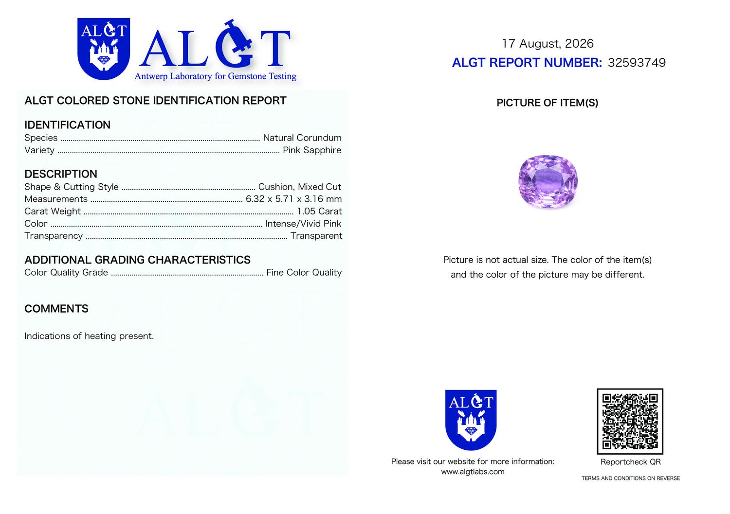 Certificate 1.05CT SAPPHIRE HEATED
