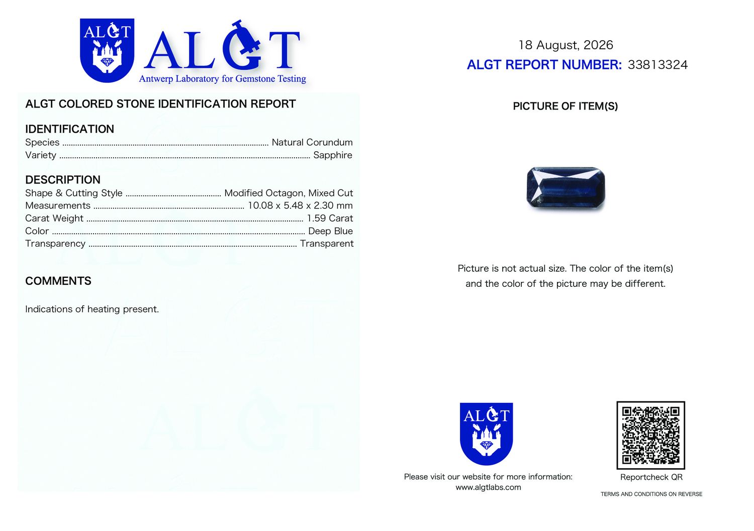 Certificate 1.59CT SAPPHIRE HEATED