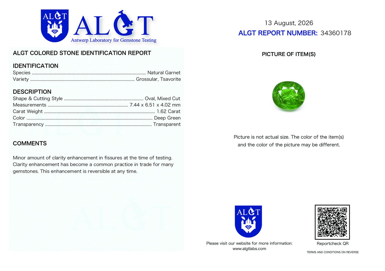 Certificate 1.62CT GARNET