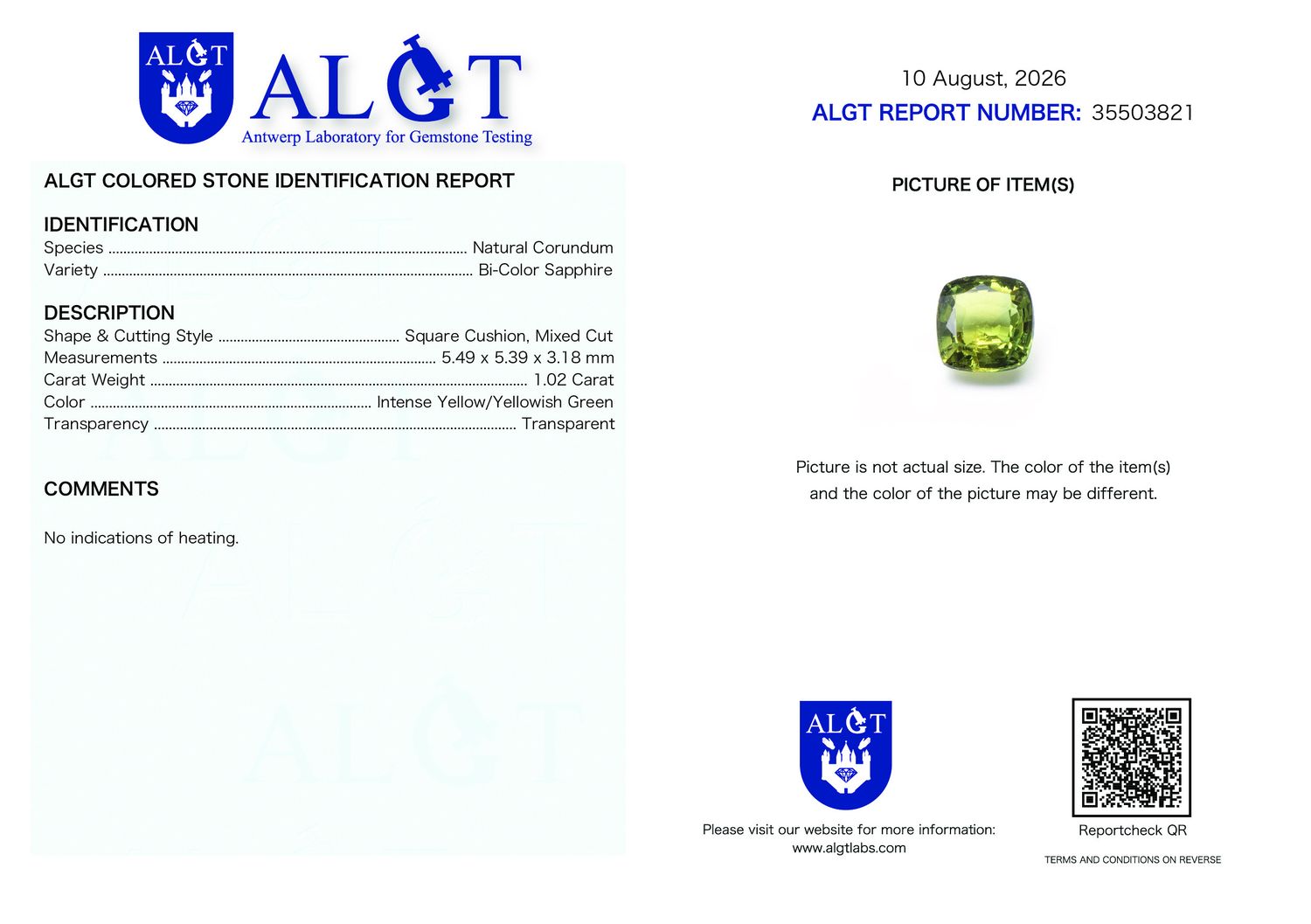 Certificate 1.02CT SAPPHIRE UNHEATED