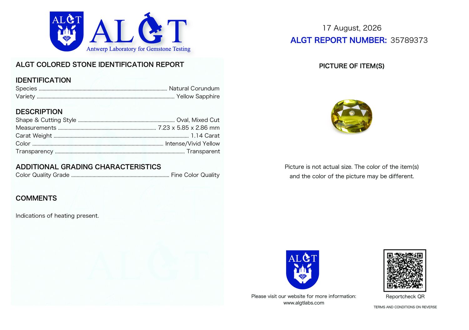 Certificate 1.14CT SAPPHIRE HEATED