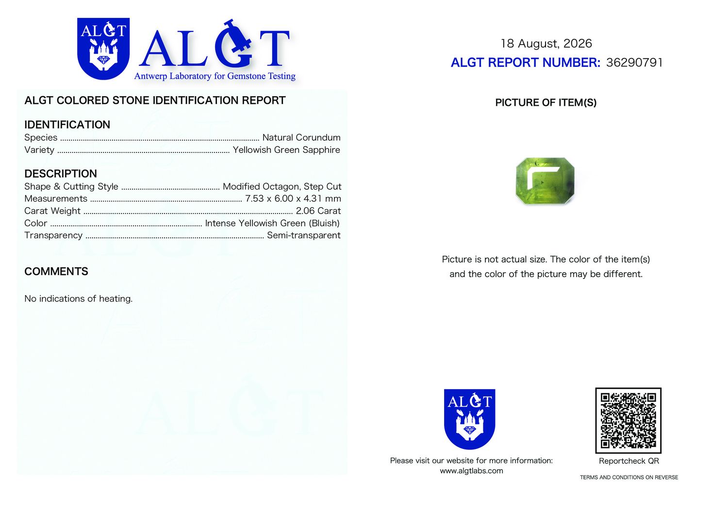 Certificate 2.06CT SAPPHIRE UNHEATED