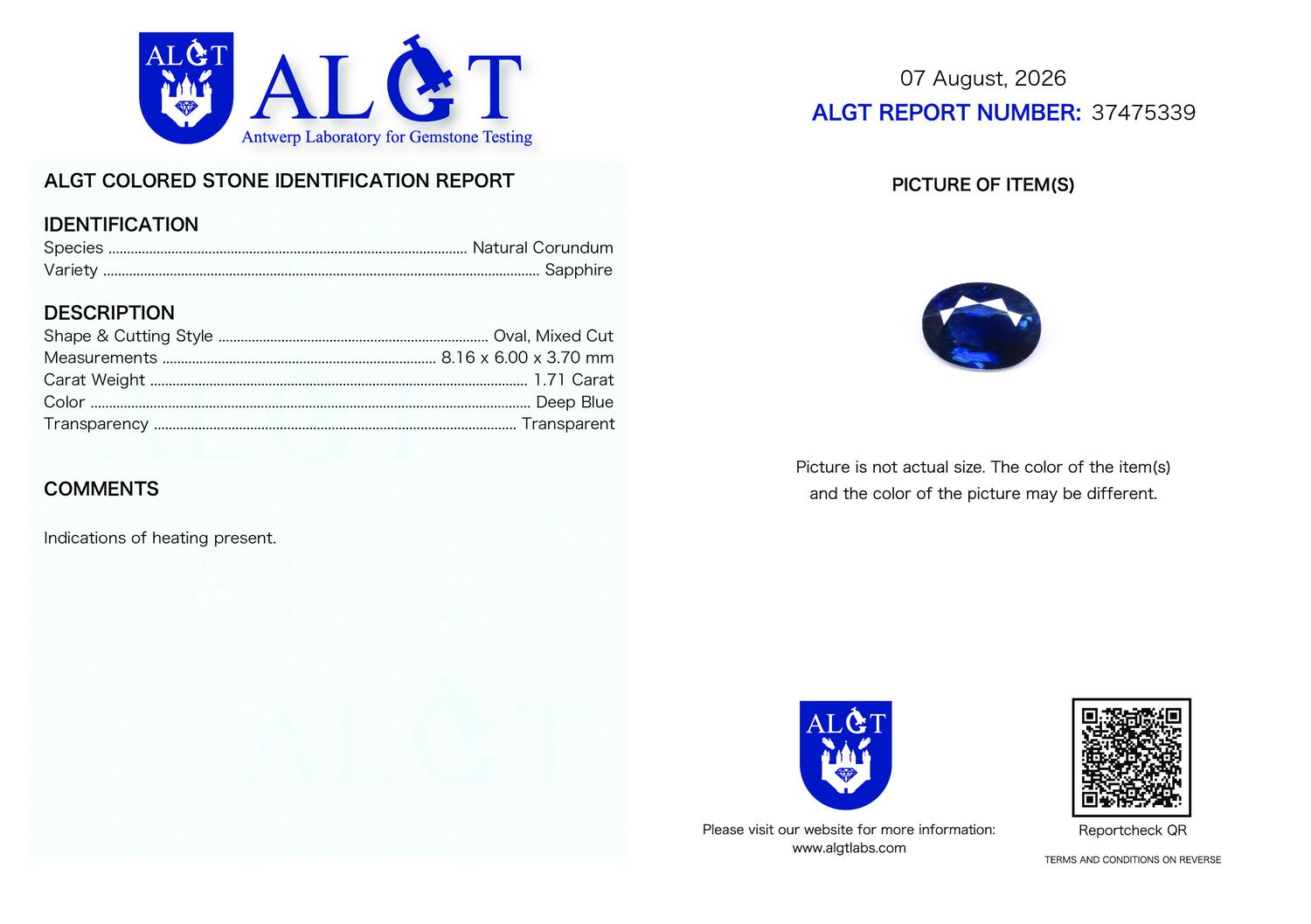 Certificate 1.71CT SAPPHIRE HEATED