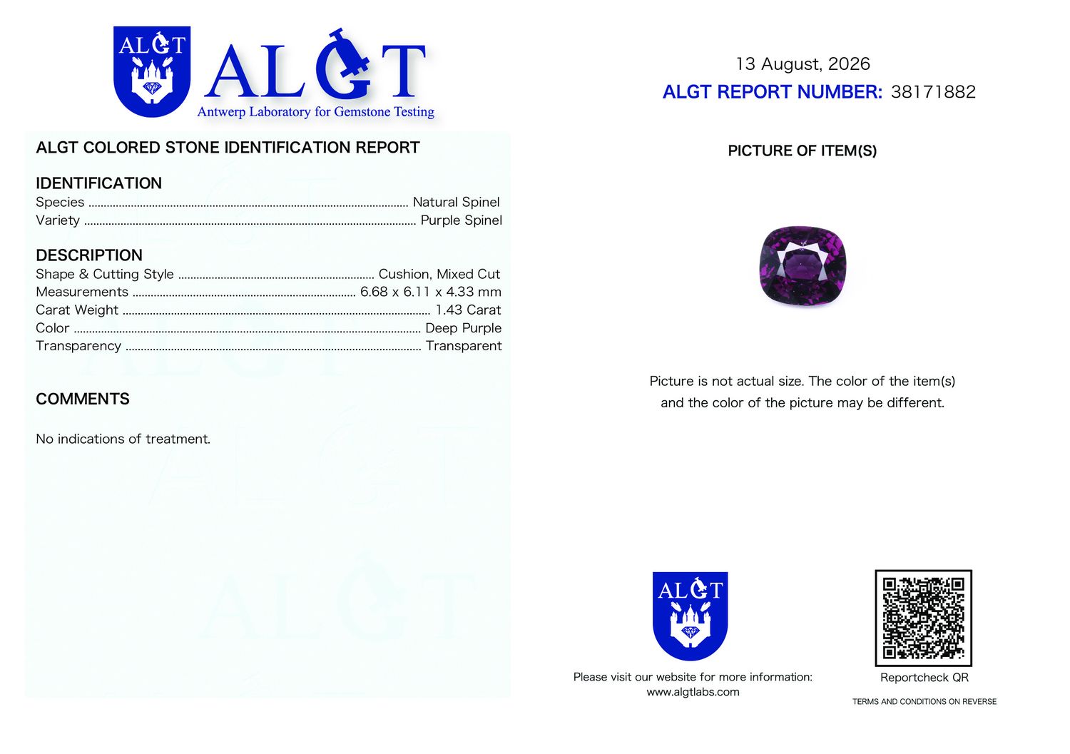 Certificate 1.43CT SPINEL UNHEATED
