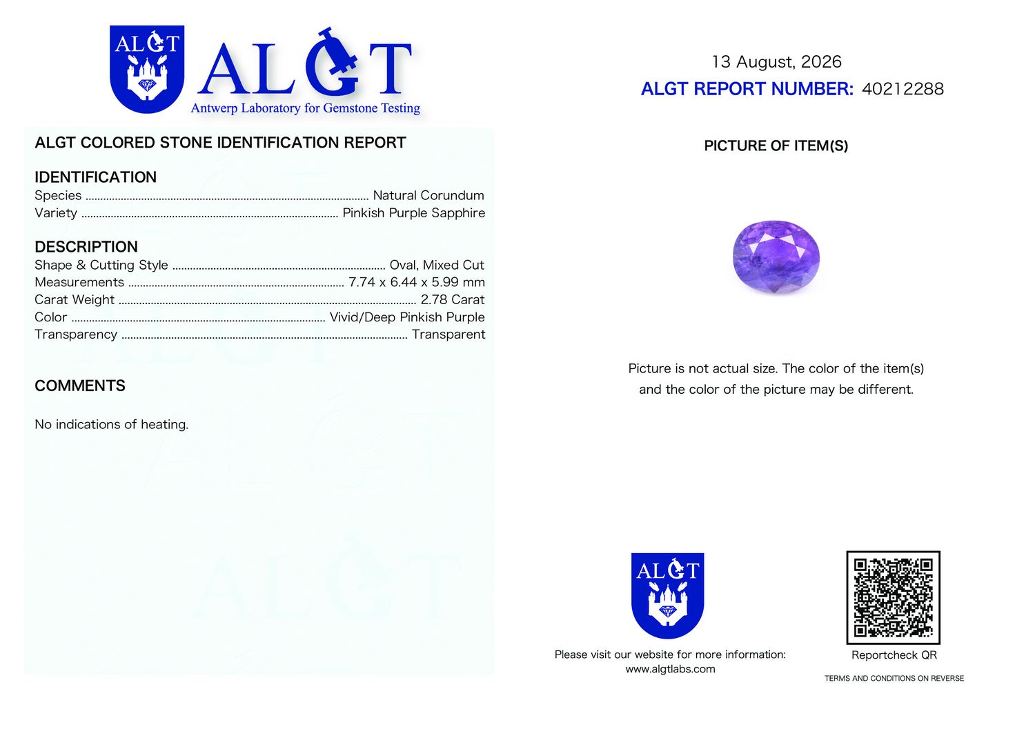 Certificate 2.78CT SAPPHIRE UNHEATED