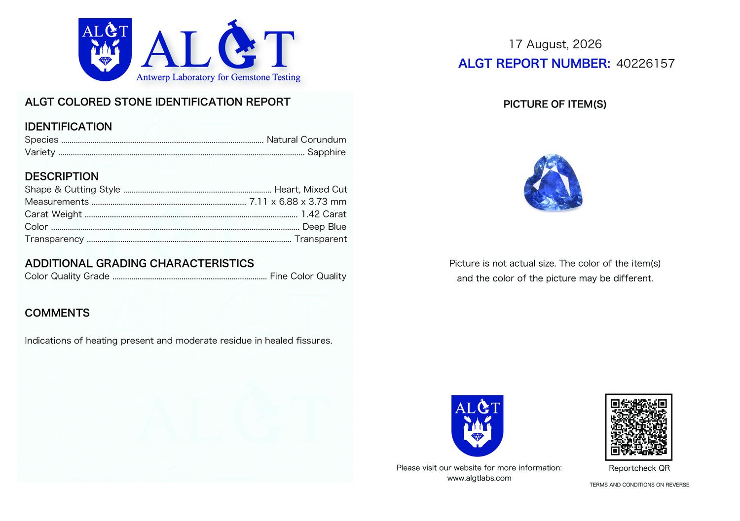 Certificate 1.42CT SAPPHIRE HEATED