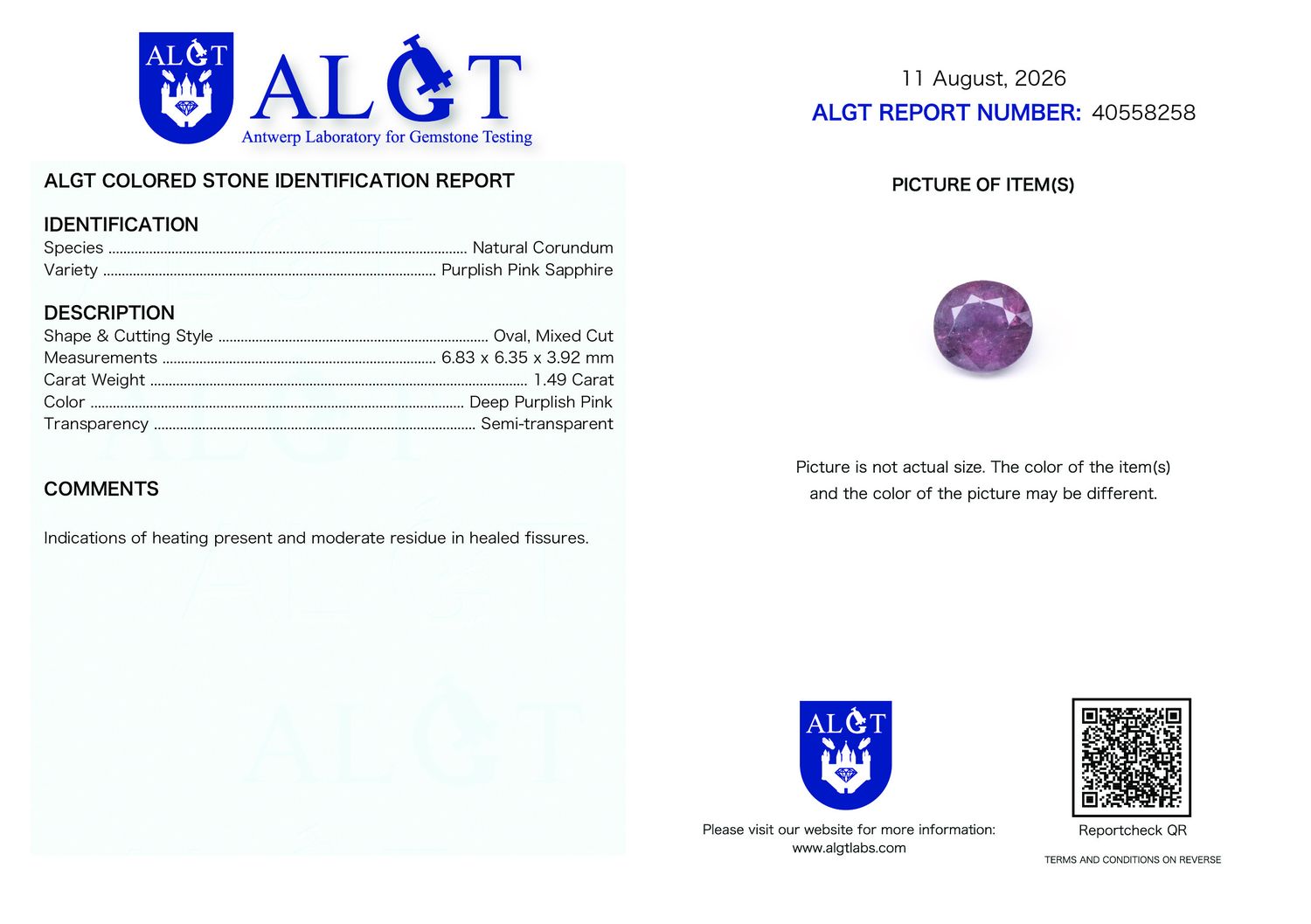 Certificate 1.49CT SAPPHIRE HEATED