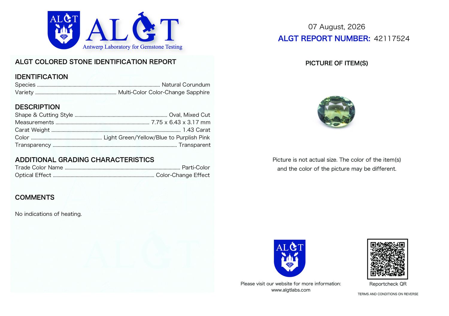 Certificate 1.43CT SAPPHIRE UNHEATED COLOR CHANGE