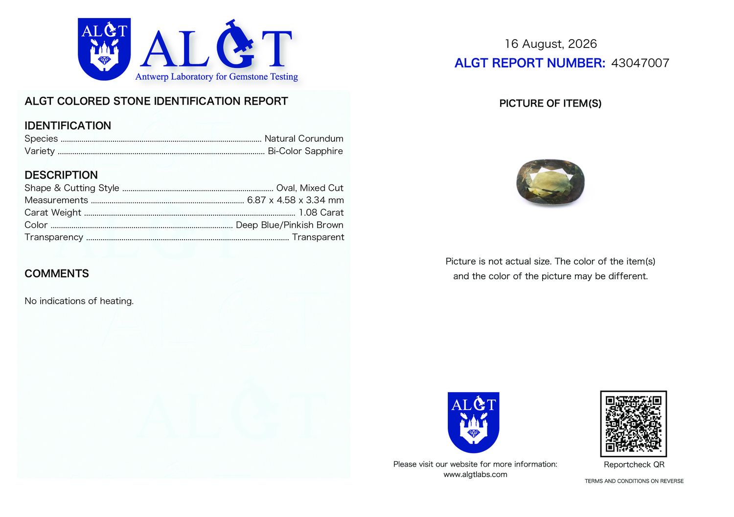 Certificate 1.08CT SAPPHIRE UNHEATED
