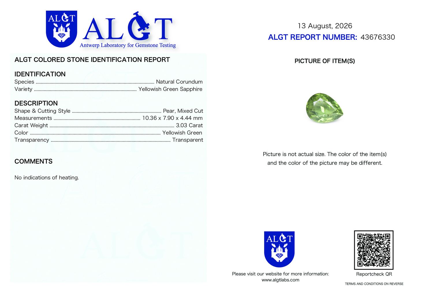 Certificate 3.03CT SAPPHIRE UNHEATED