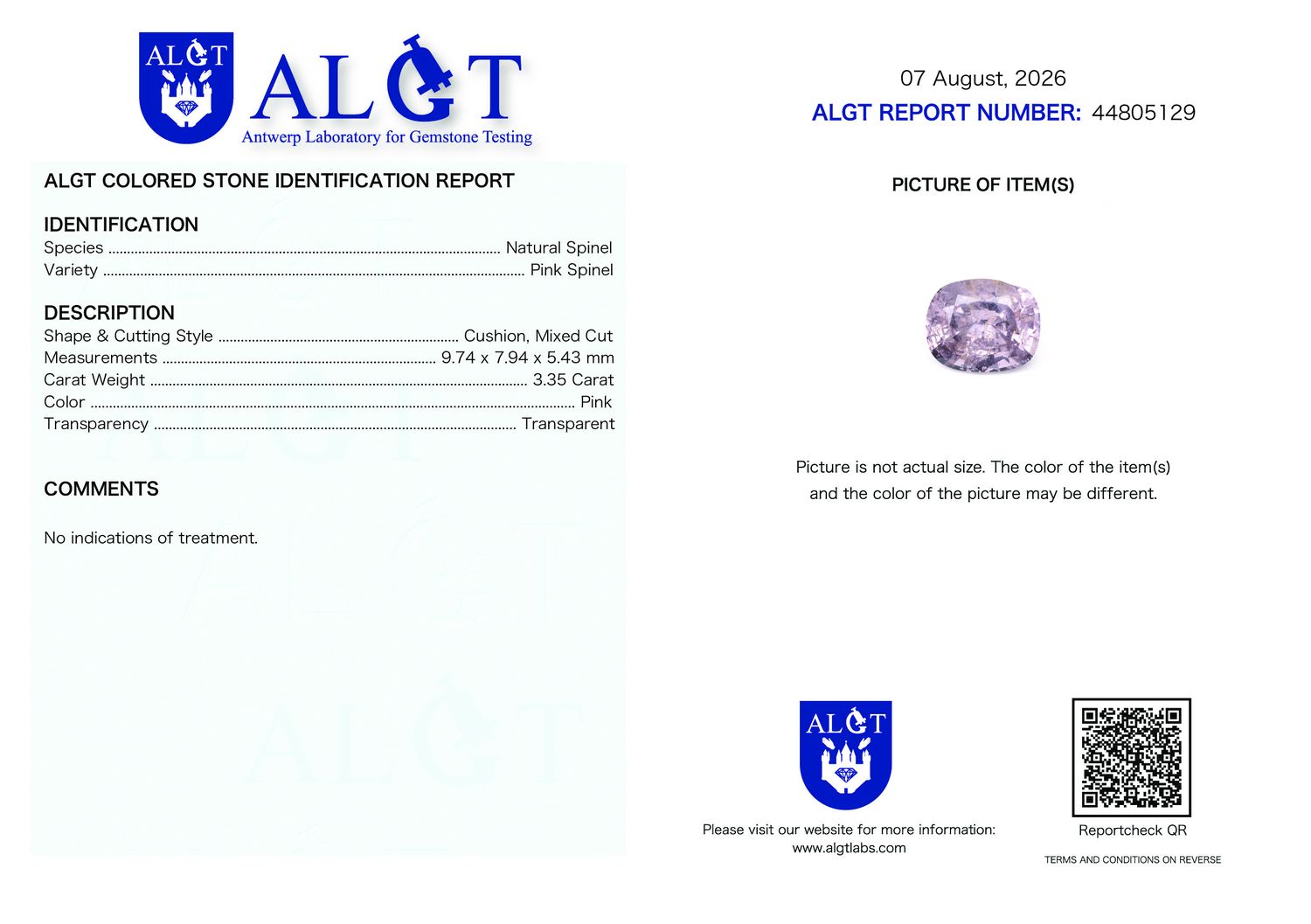 Certificate 3.35CT SPINEL UNHEATED