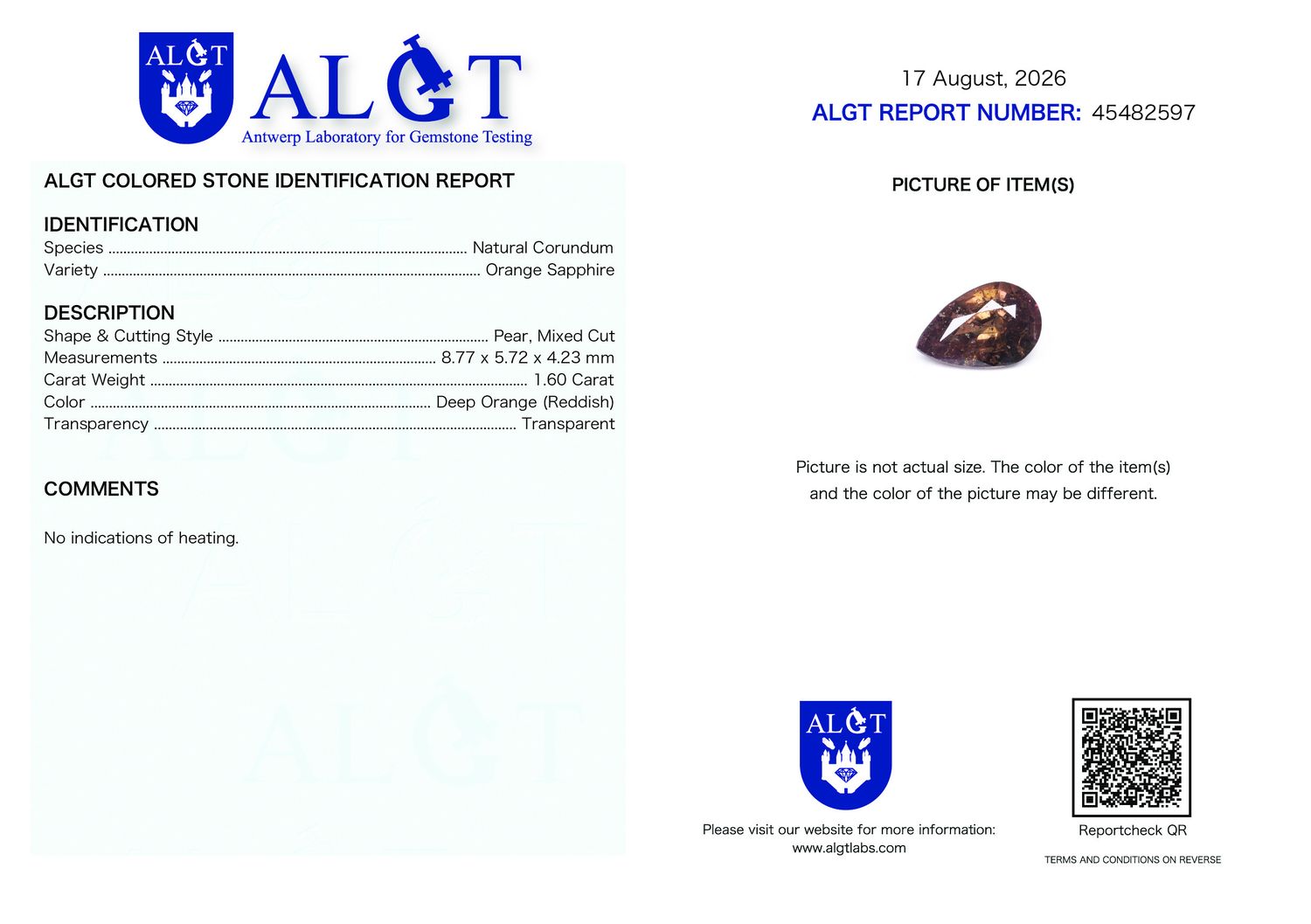 Certificate 1.60CT SAPPHIRE UNHEATED