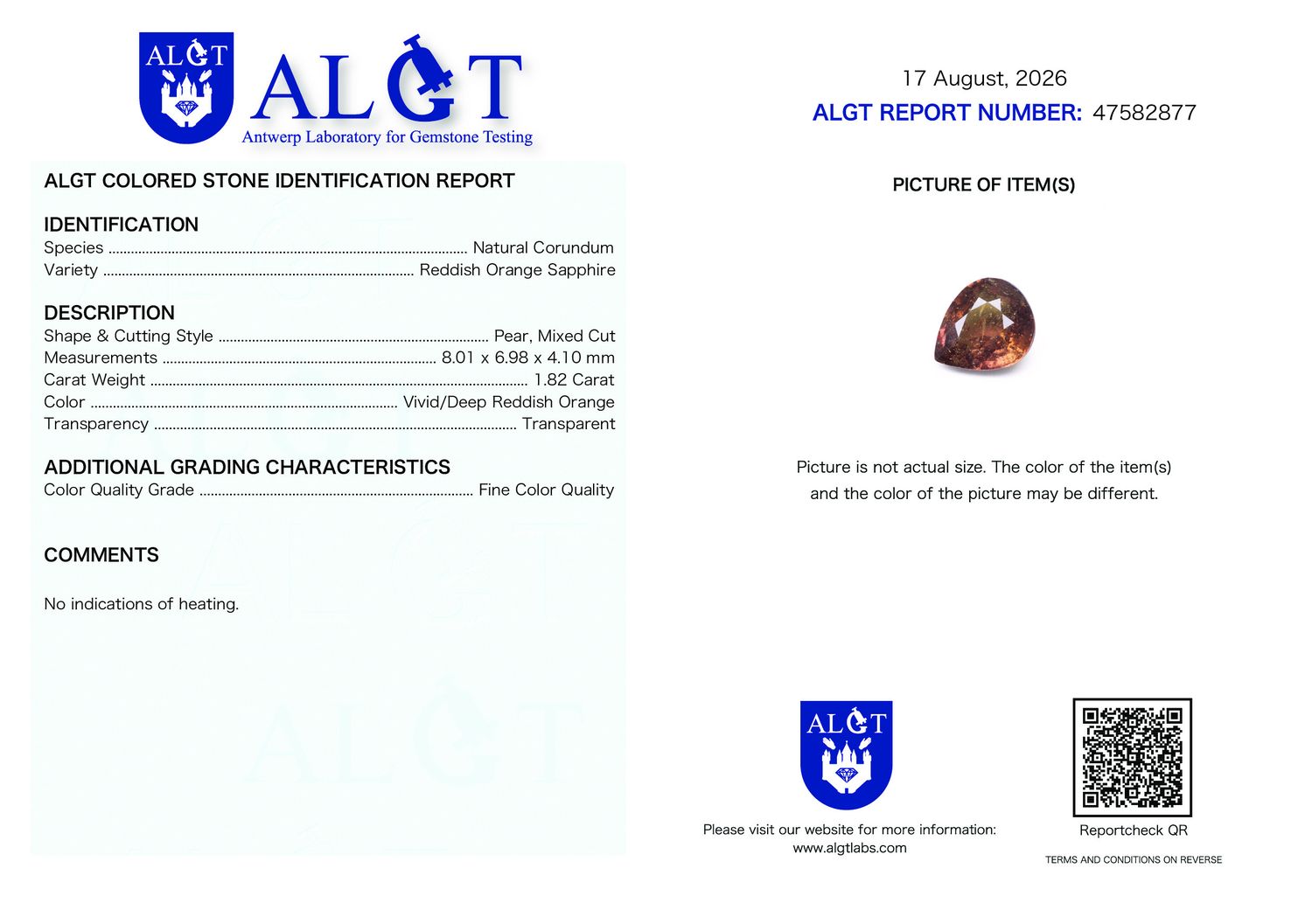 Certificate 1.82CT SAPPHIRE UNHEATED