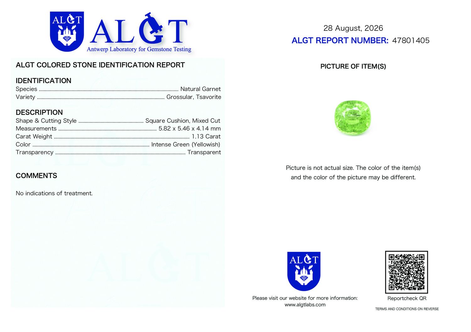 Certificate 1.13CT GARNET UNHEATED